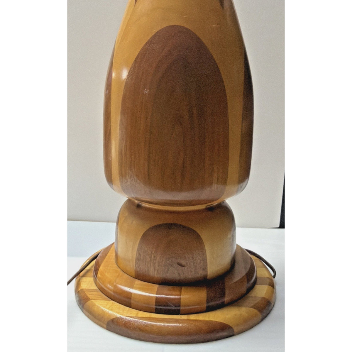 MCM Large Inlaid Wood Hand Turned Table Lamp Marquetry Parquetry No Shade