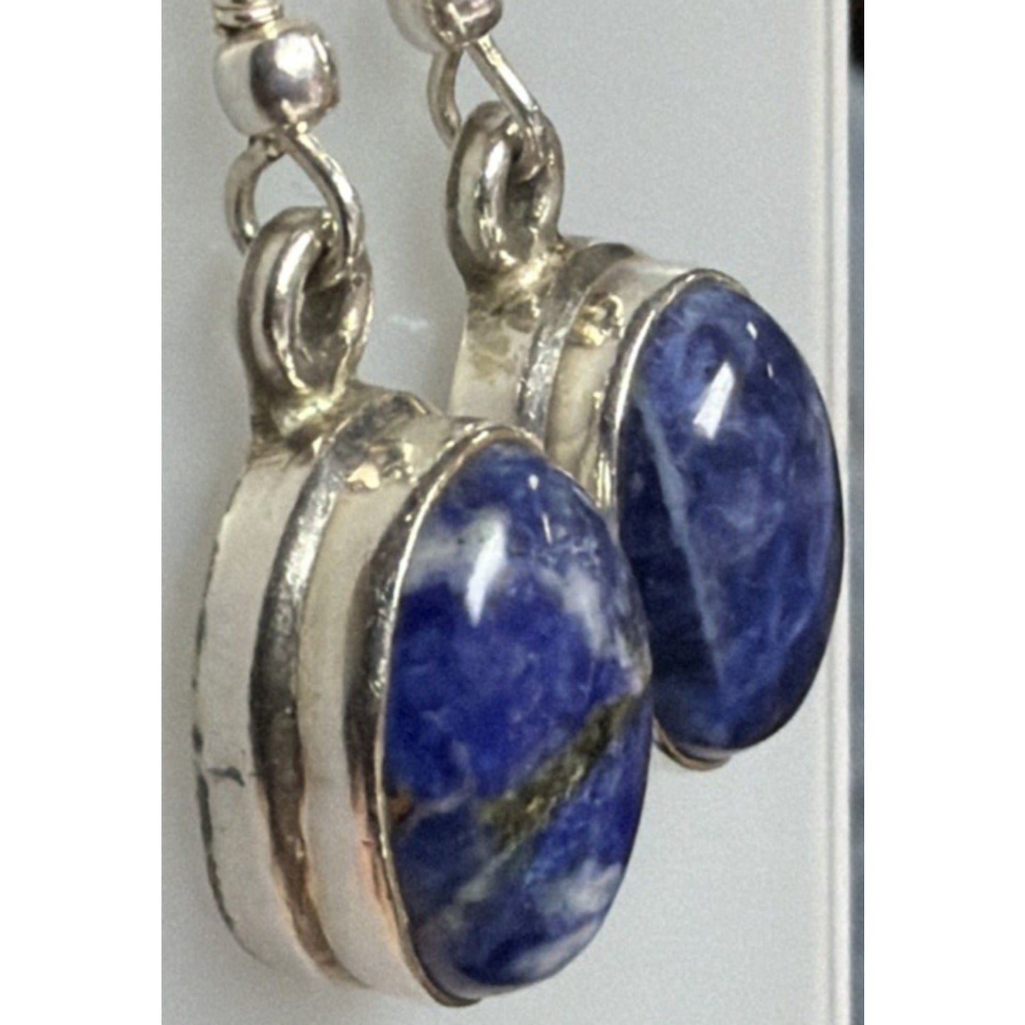Vintage Sterling Silver Oval Sodalite Cabochon Dangle Drop Earrings Hook 6.13g
