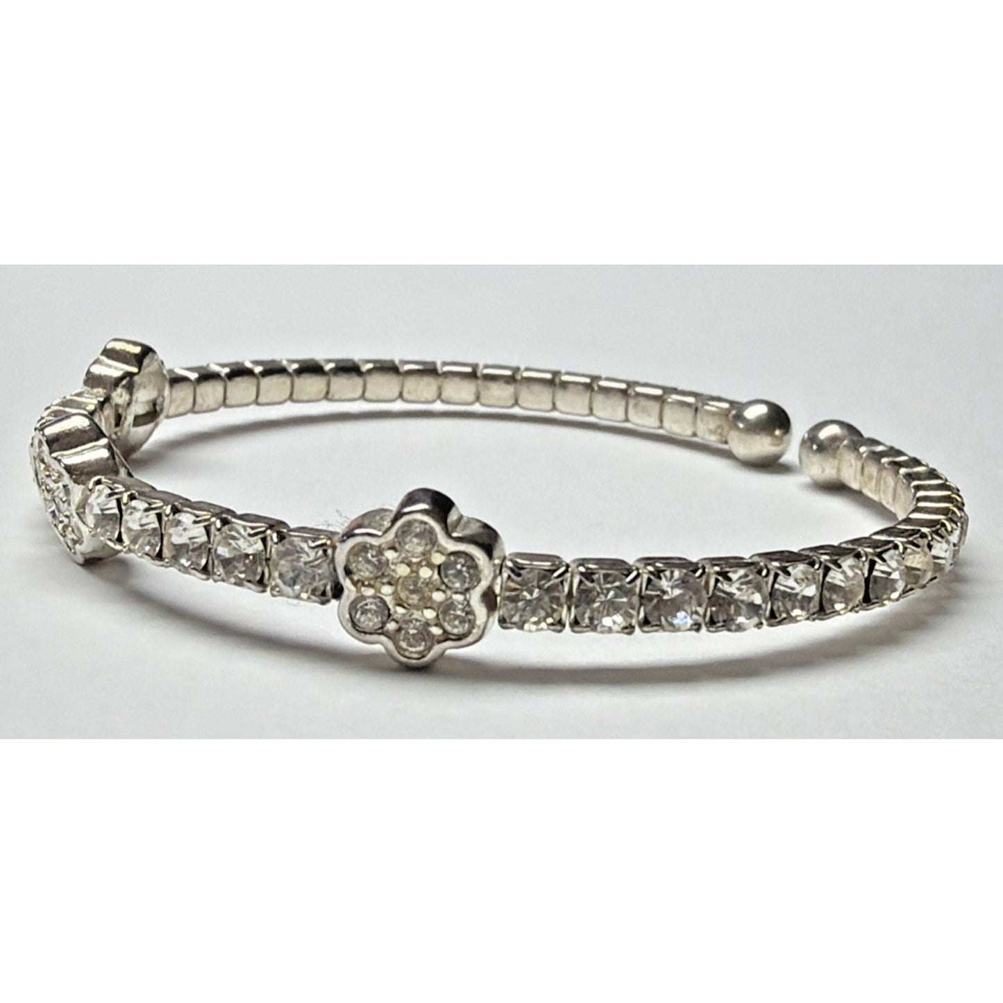 Vintage Clear Rhinestone Silver Cuff Bracelet Flower Clover