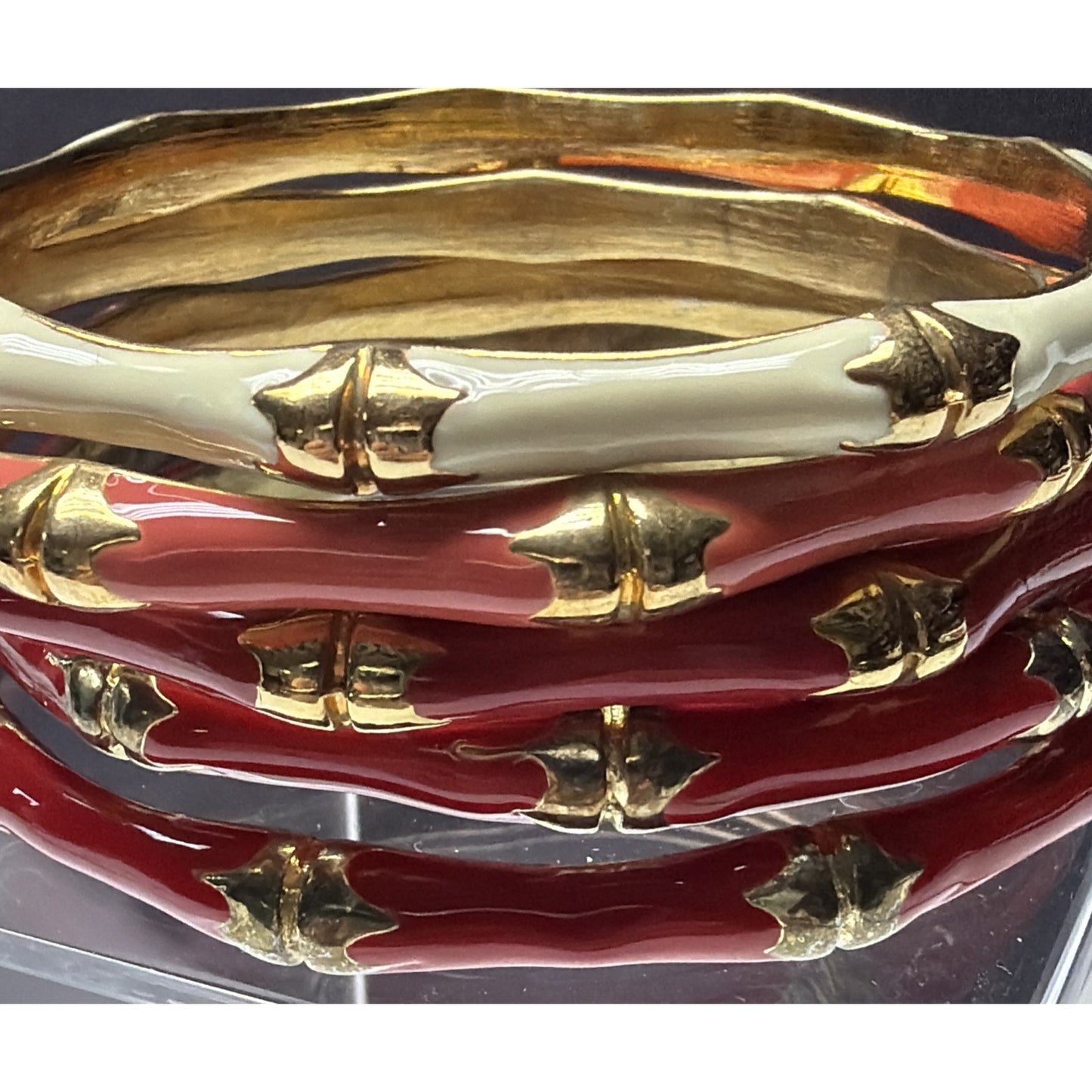 Vintage Lot of 5 Gold Metal Brass Enamel Bamboo Bracelets As Is