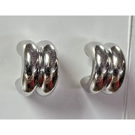 Modernist Sterling Silver 925 Stud Double C Hoop Ridge Stacked Earrings 9.3 Gram