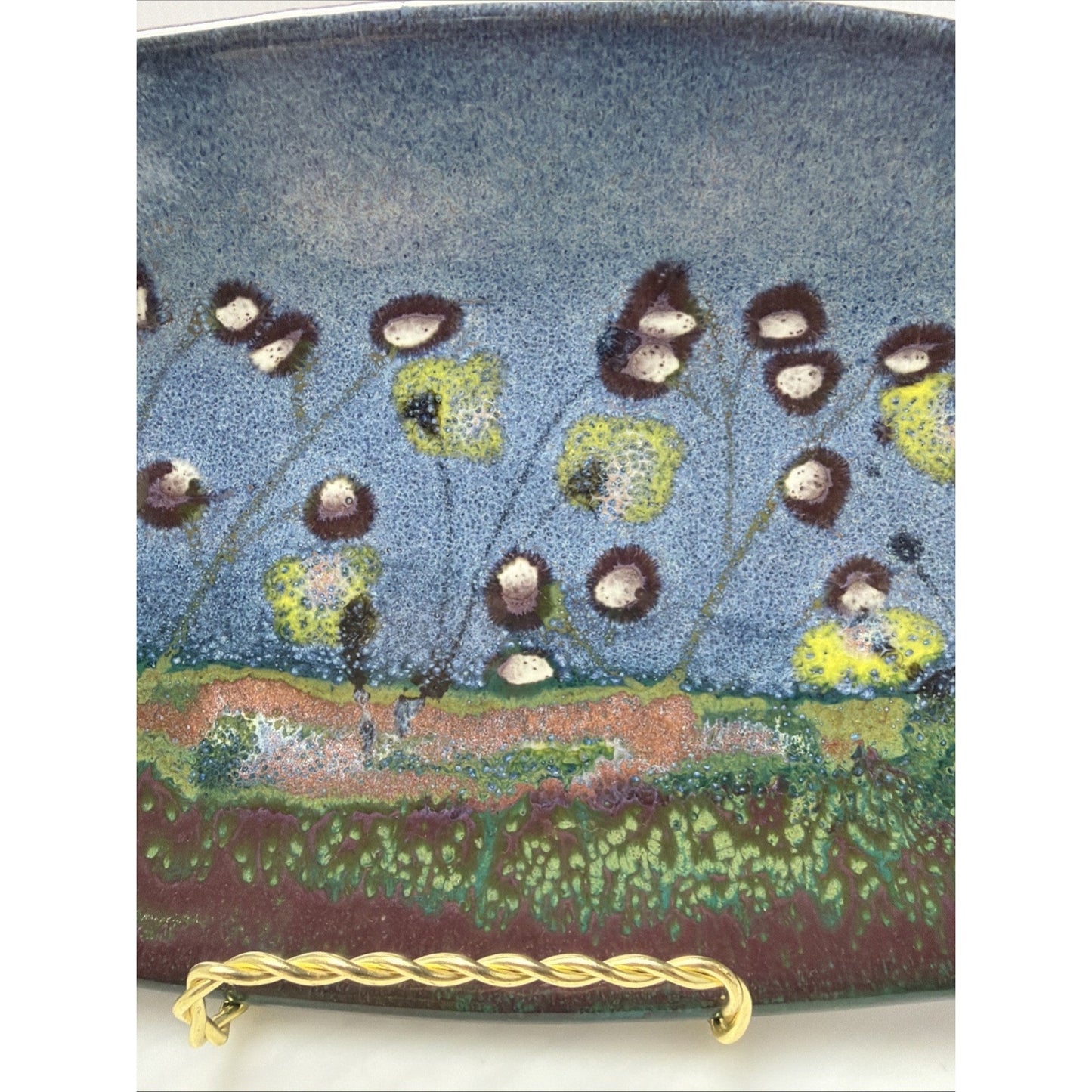 Phil Morgan Art Pottery Long Oval Platter Glazed Hand Painted Flowers Stems