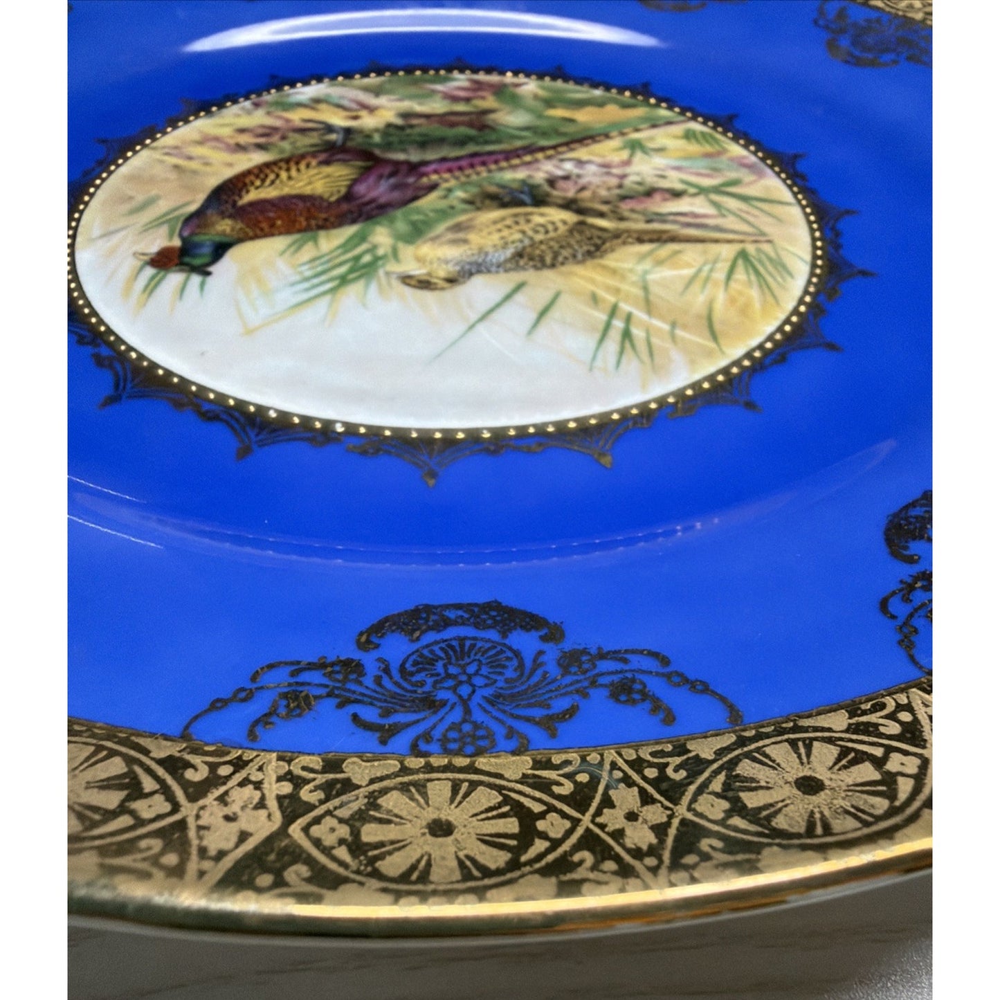 Vintage STW Bavaria Game Plate Cobalt Blue Pheasants Gold Gilt Trim Ornate