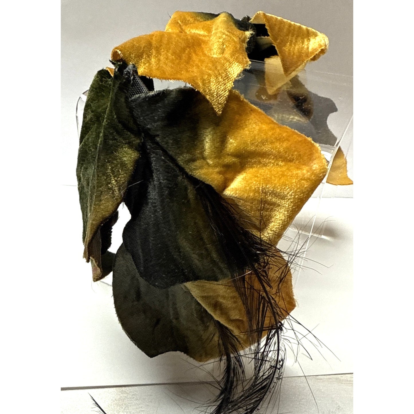 Vintage Metallic Velvet Maple Leaf Half Hat Fascinator Gold Black Feather