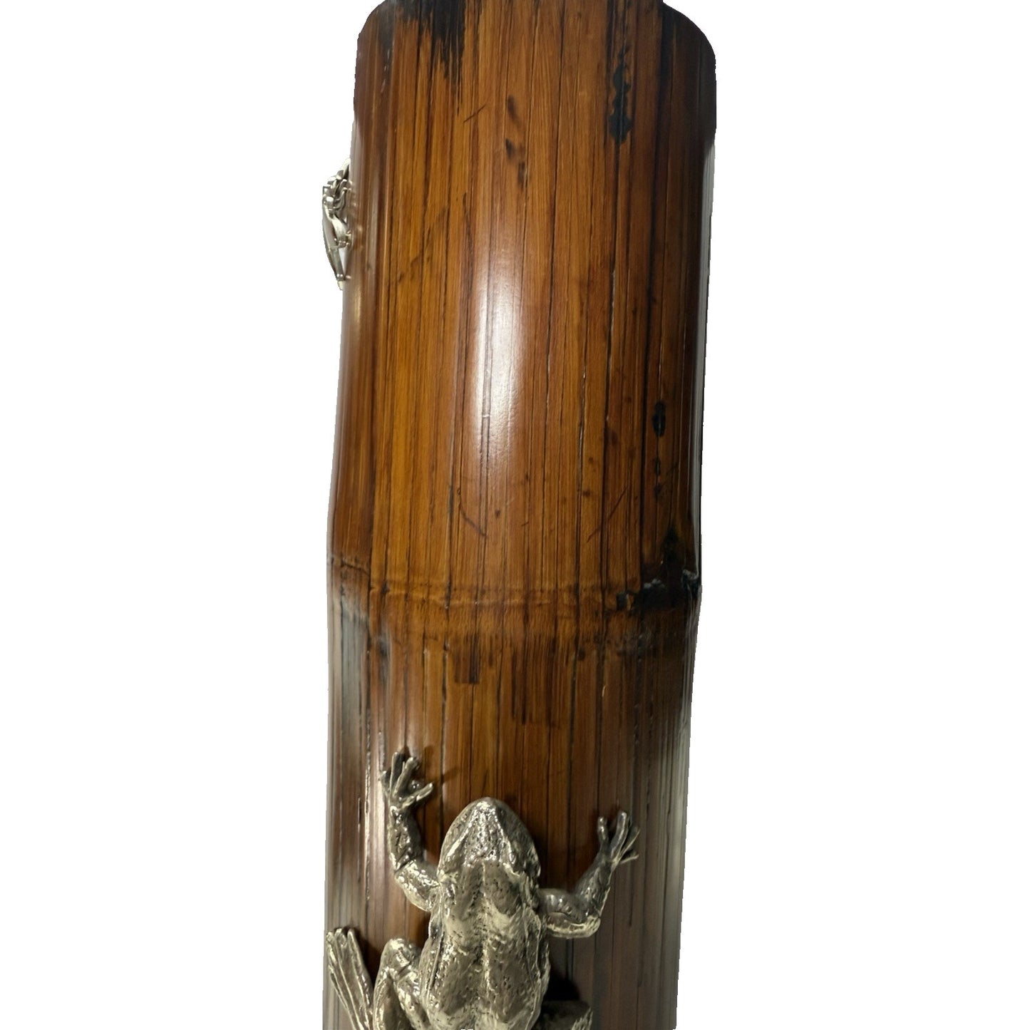 Old Japanese Bamboo Wood Vase Silvered Frog Grass Enameled Butterfly Large Read