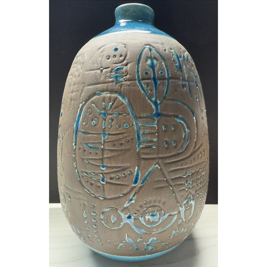 Contemporary Ashluxe Handmade Ceramic Table Vase Script Blue Brown Crackle As Is