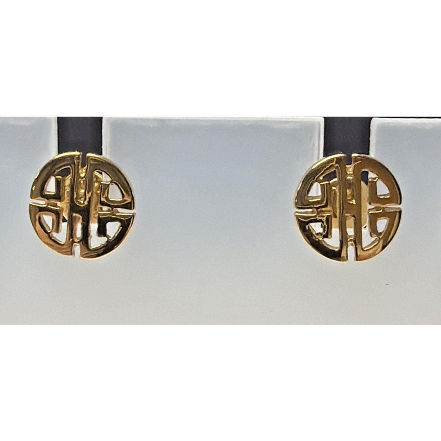 Vtg Crown Trifari Gold Plated Asian Inspired Round Earrings Longevity Post Stud