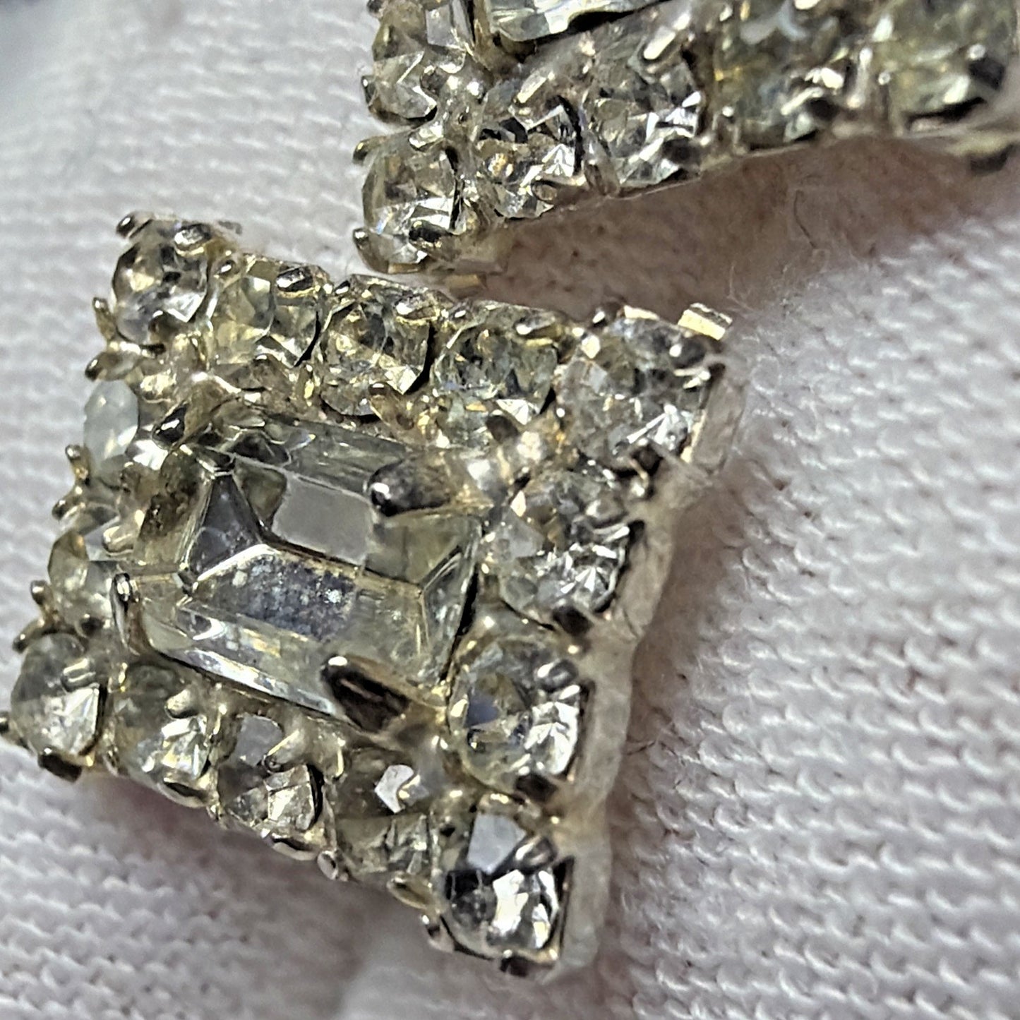 Vintage Emerald Cut Baguette Rhinestone Halo Cluster Pierced Earrings Prong Stud