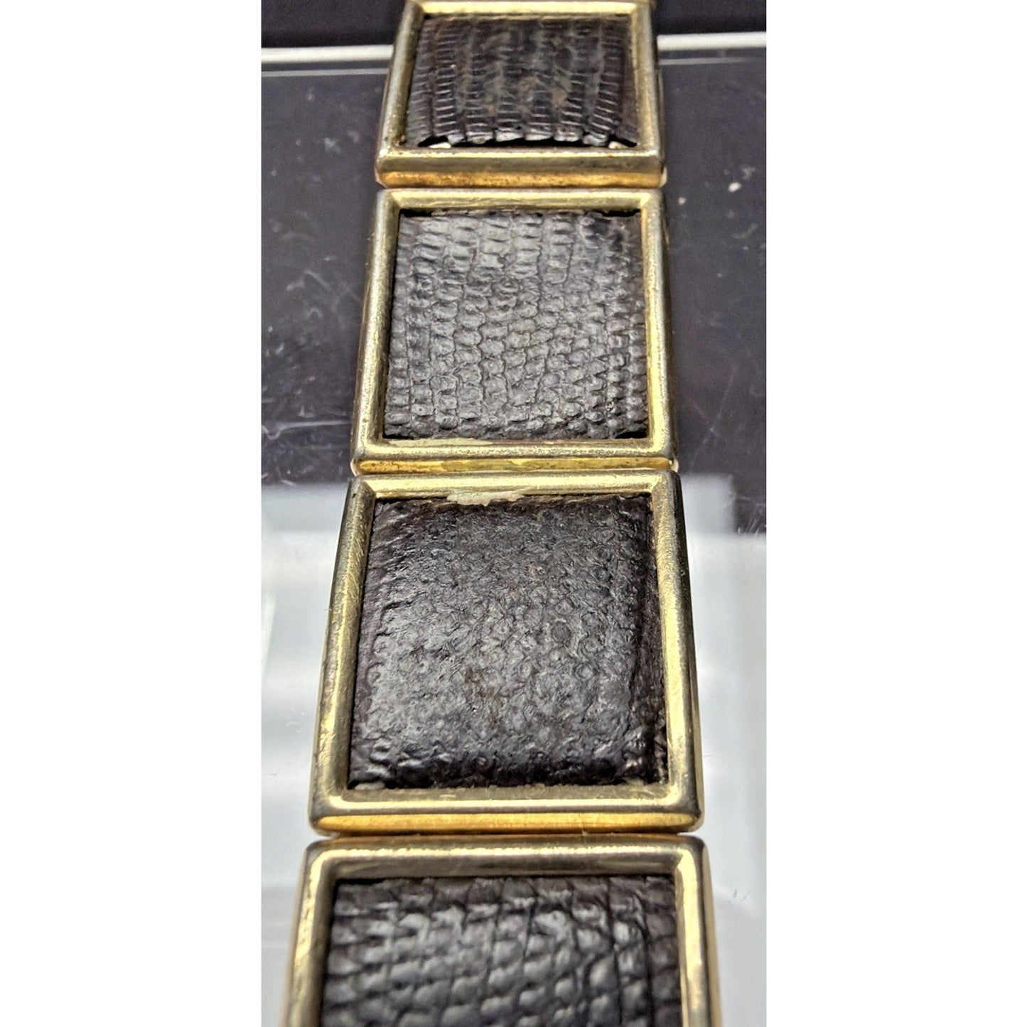 Vtg Speidel Yellow Gold Filled Watch Band Dark Brown Lizard Leather Curved As Is