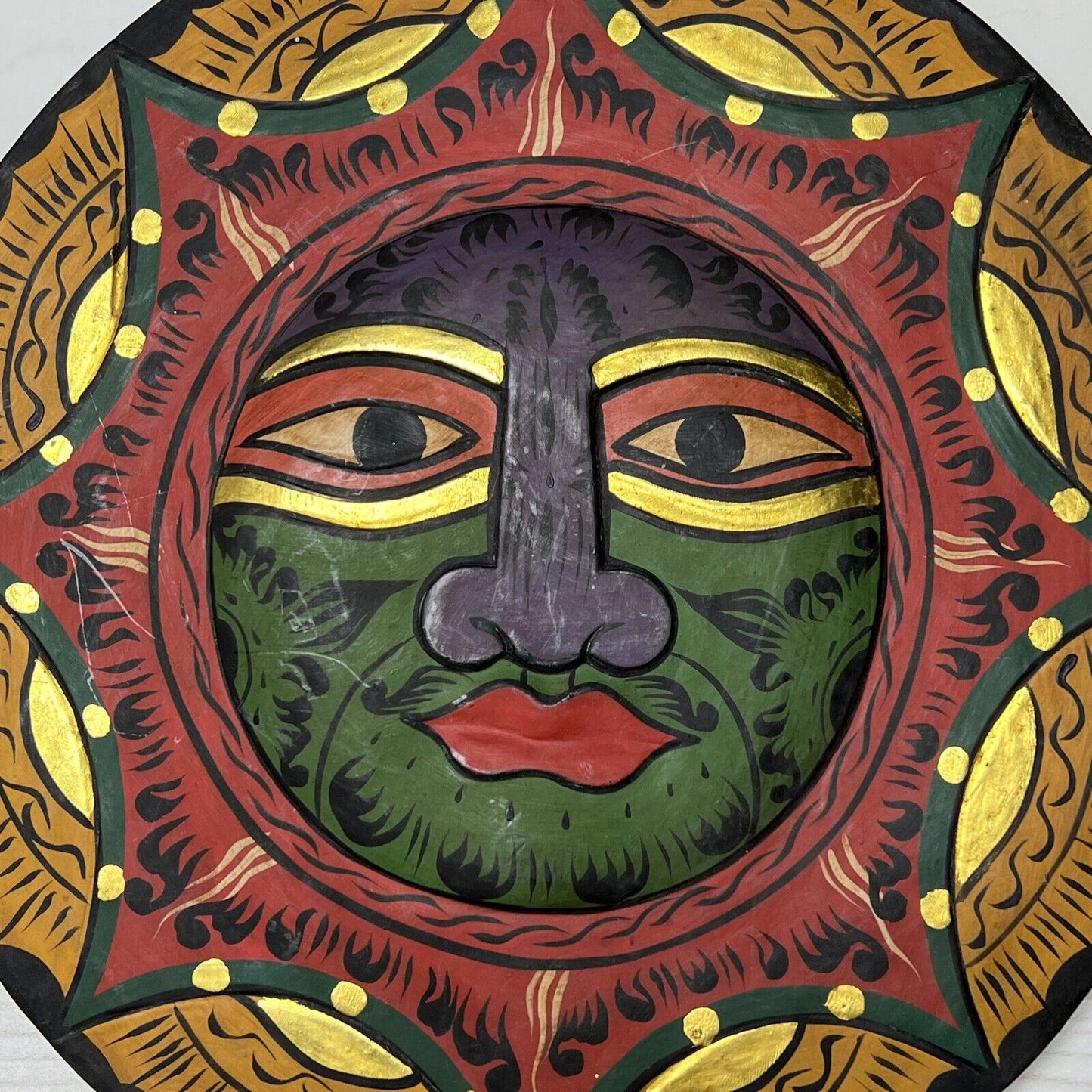 Vintage Folk Art Wood Carved Sun Face Mask Tribal Hand Painted Large