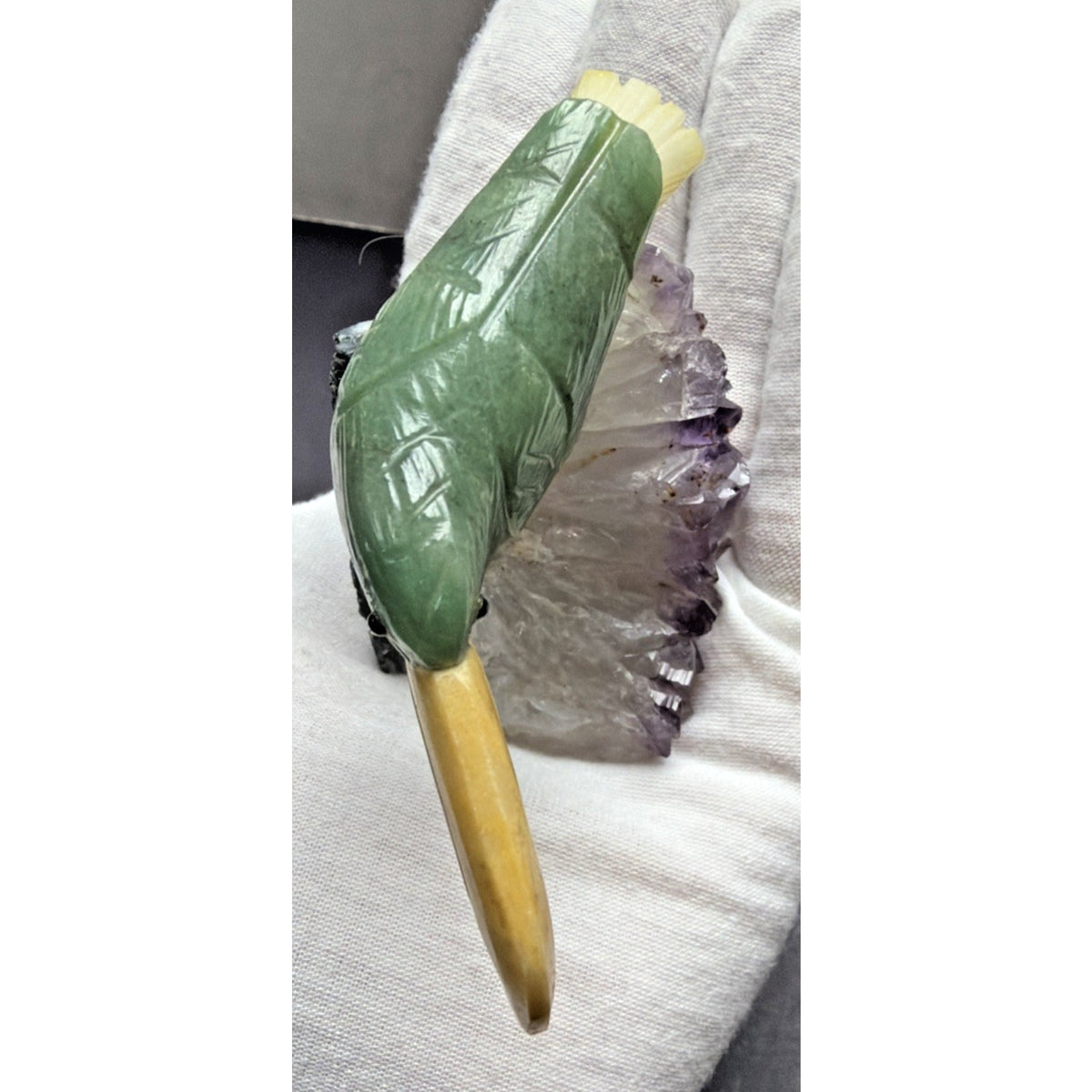 Vintage Brazilian Green Stone Toucan Bird Sculpture Amethyst Crystal Base As Is