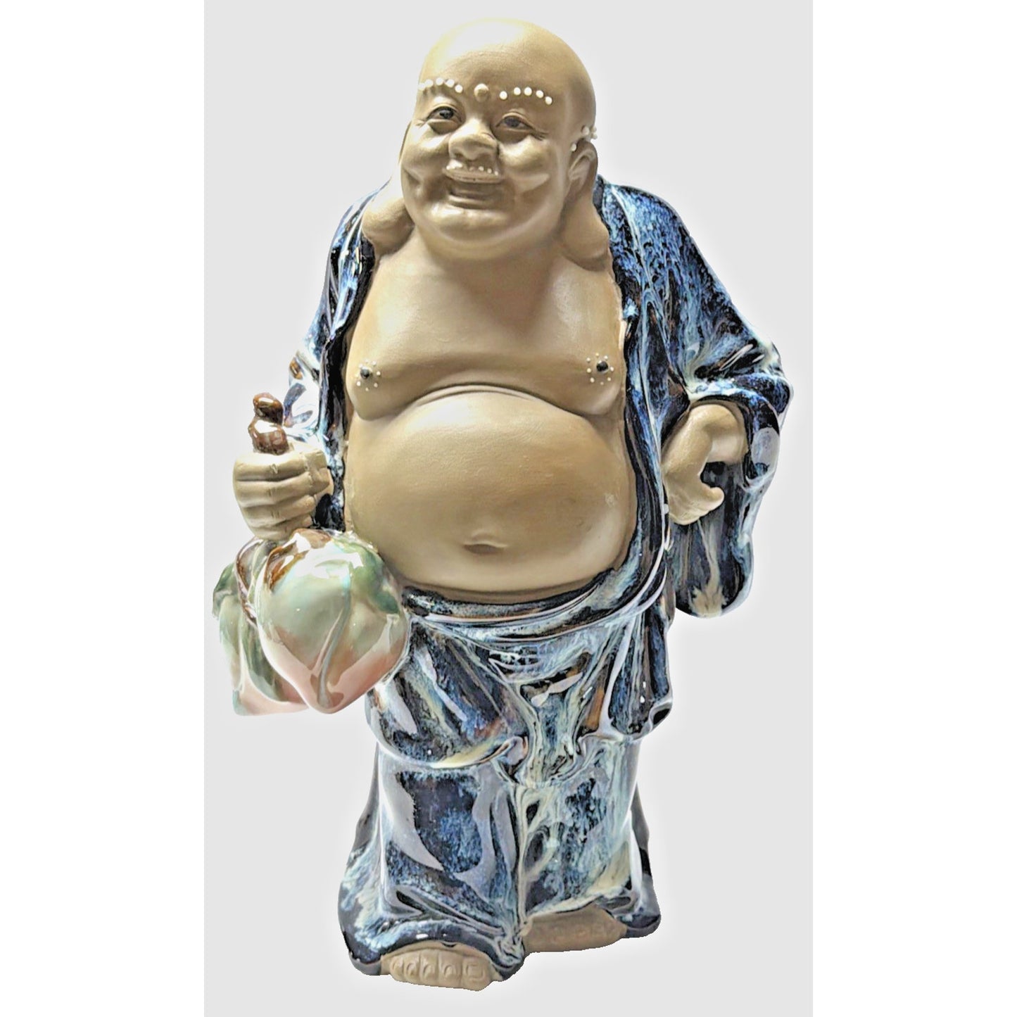 Shiwan Mudman Pottery Chinese Blue Flambe Glazed Happy Buddha Sculpture Hotei
