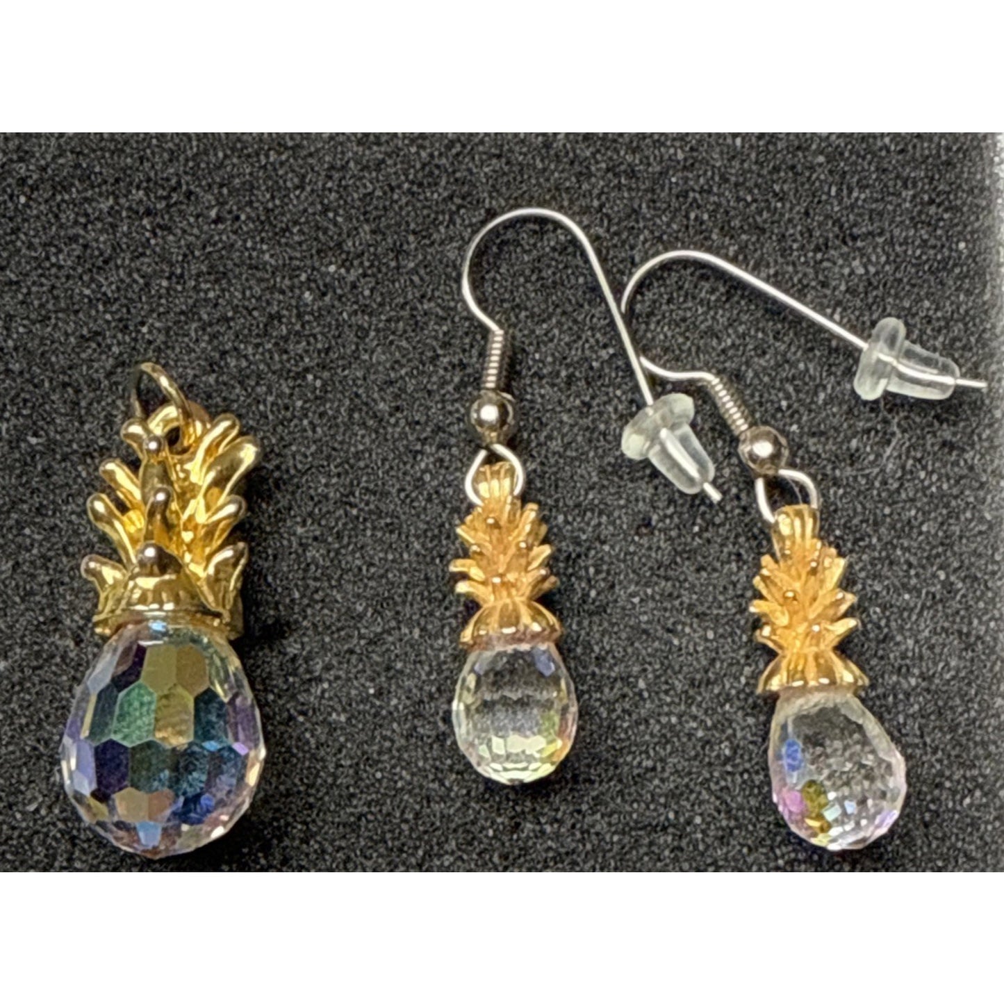 Vintage Set Faceted Crystal Pineapple Earrings and Pendant Charm As Is