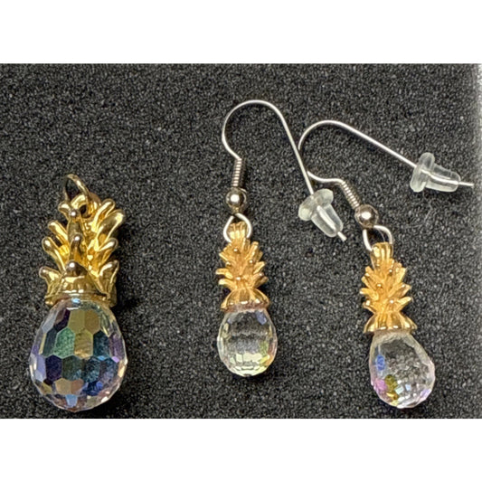 Vintage Set Faceted Crystal Pineapple Earrings and Pendant Charm As Is