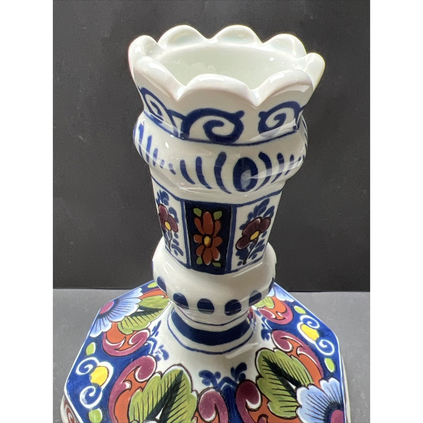 Vtg Oud Delft Holland 834/1 Candle Stick Holder Polychrome Floral Hand Painted