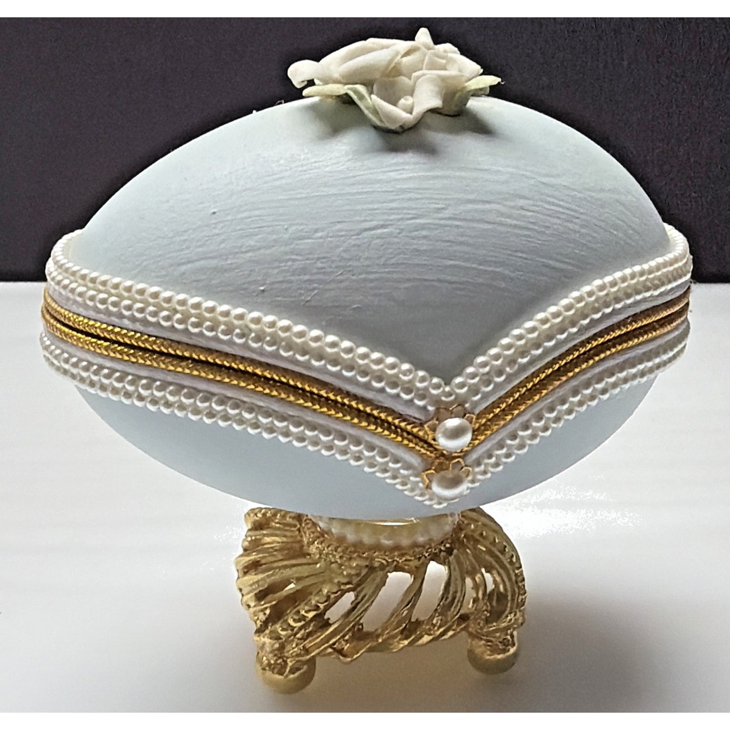 Egg Fantasy Hand Decorated Goose Egg Blue Trinket Jewelry Box Porcelain Flowers