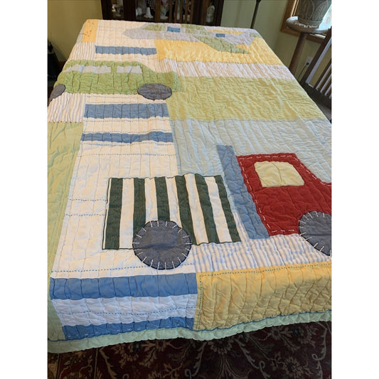 Pottery Barn Kids Jax Construction Cars Semi Truck Quilt Blanket 68 x 86 in