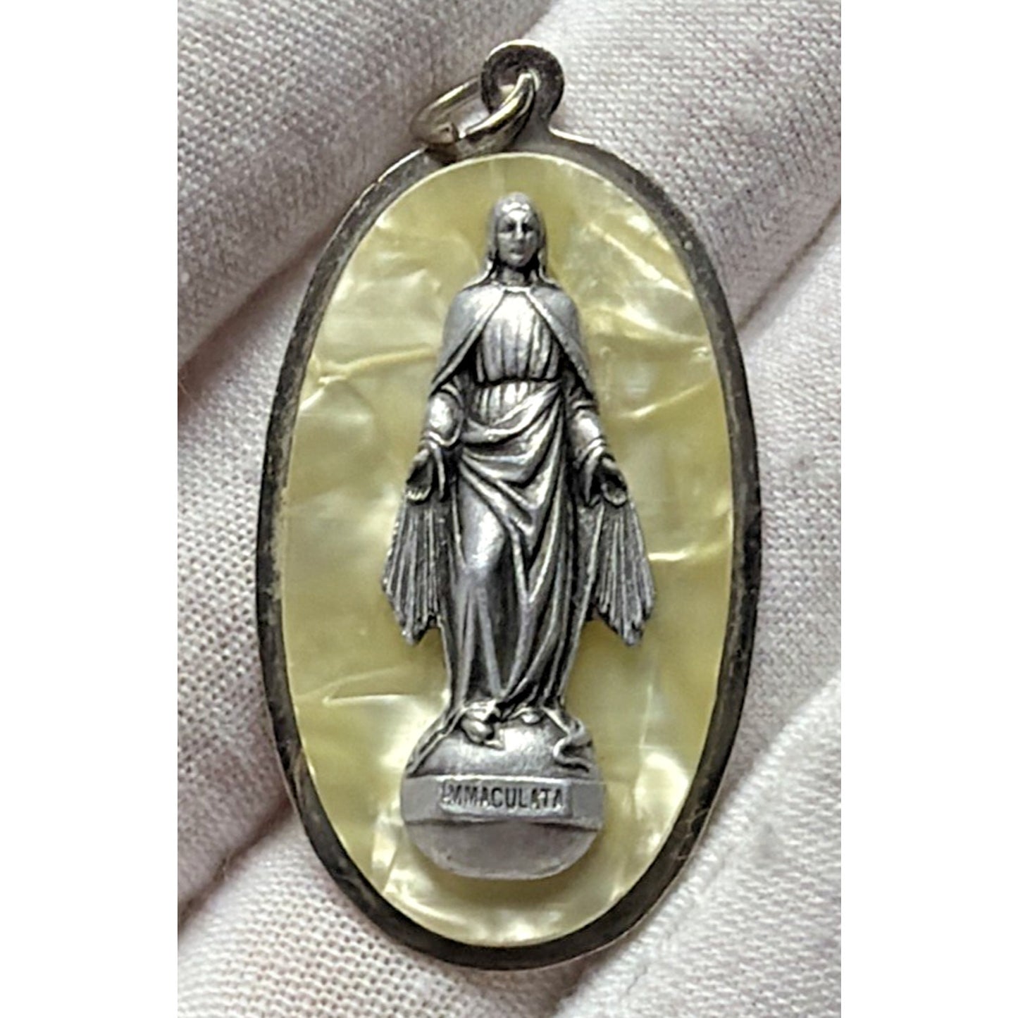 Immaculata Virgin Mary Saint Pendant Silver Metal Faux Mother Pearl Celluloid