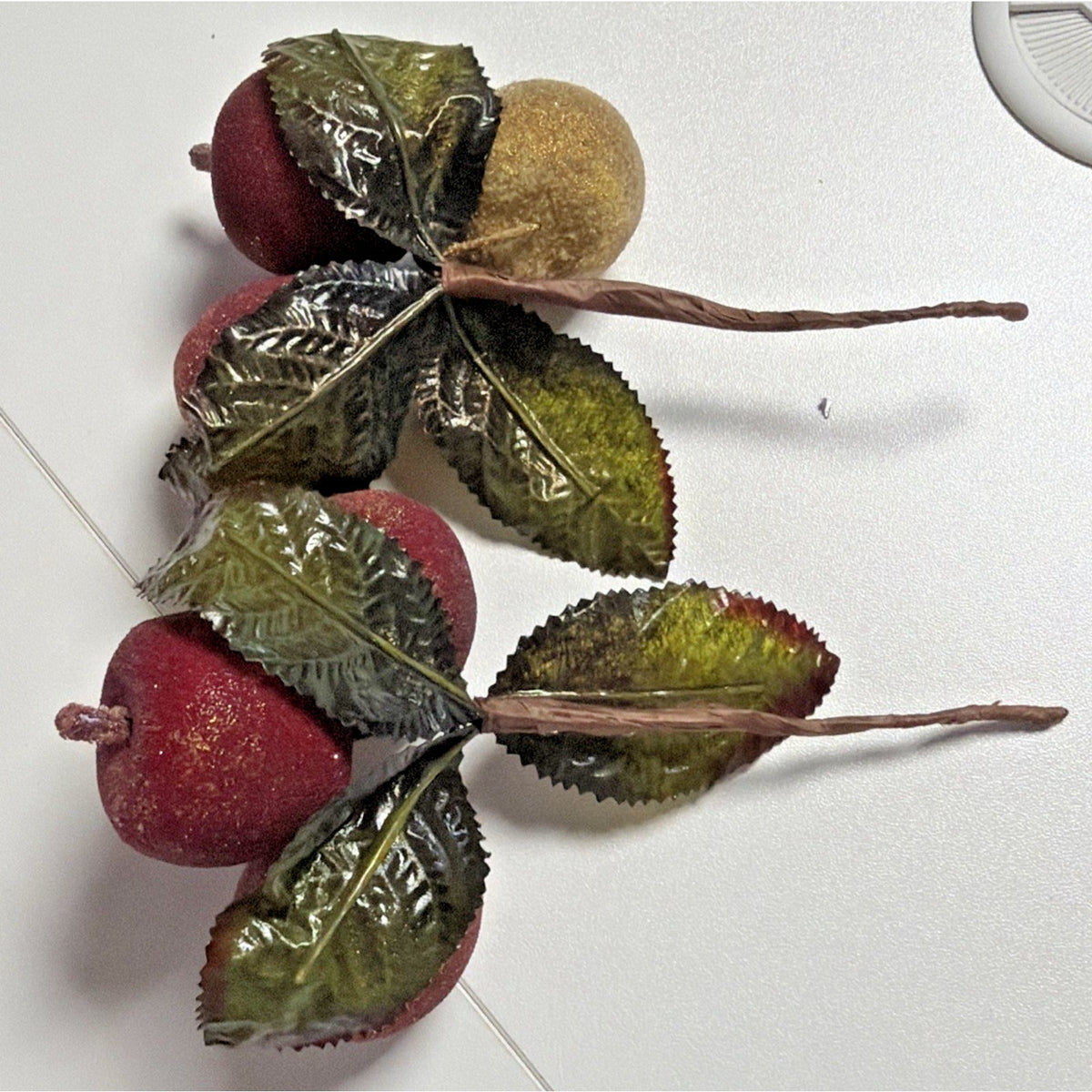 Lot of 2 Vtg Sugar Beaded Sugar Fruit Picks Apple Berries Frosted Stems Leaves