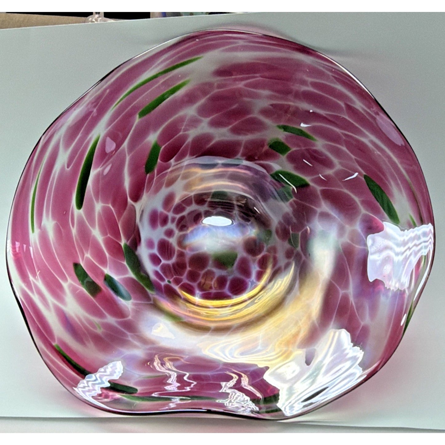 Vintage Blown Glass Bowl Iridescent Mottled Green Cranberry Purple Gold