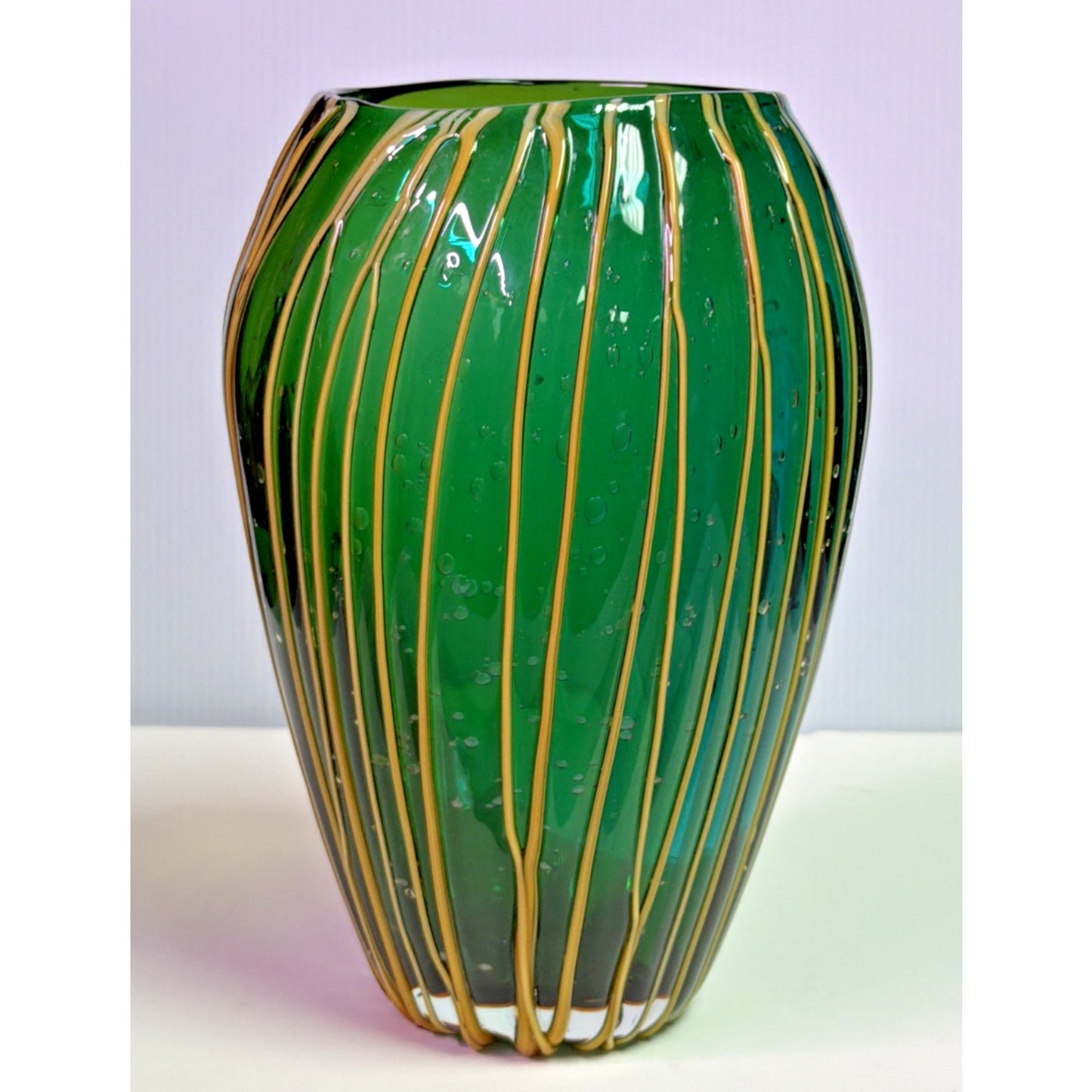 Vtg Art Glass Bubble Vase Teal Green Ombre Yellow Threaded Living Color Collect