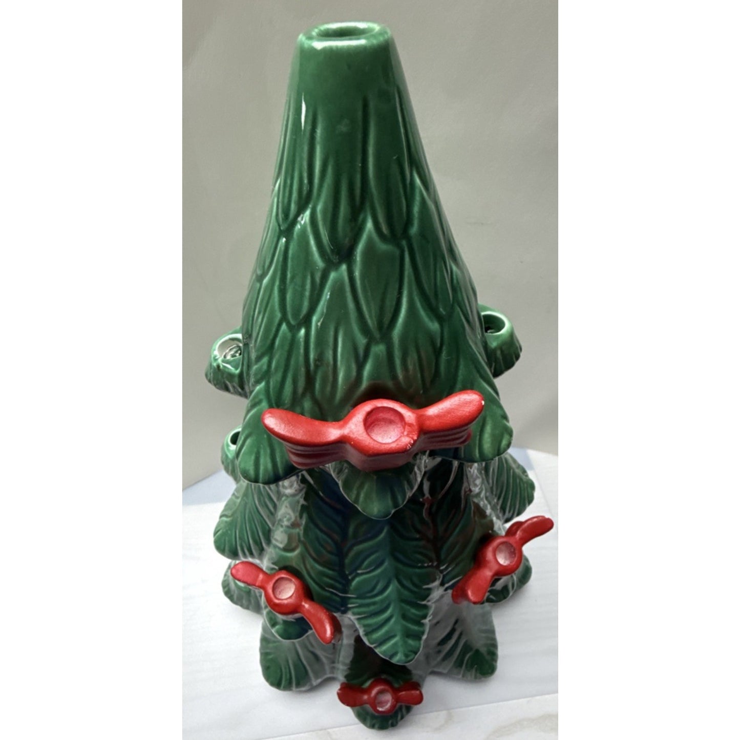 Vintage Marcia Ceramics Large Christmas Tree Red Bow Candle Holders As Is
