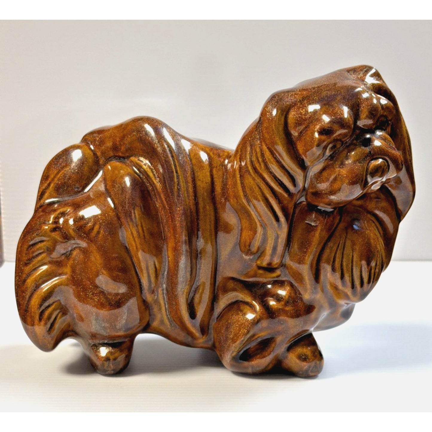 Vintage Pekingese Dog Statue Ceramic Mold Brown Copper Aventurine Glaze Signed