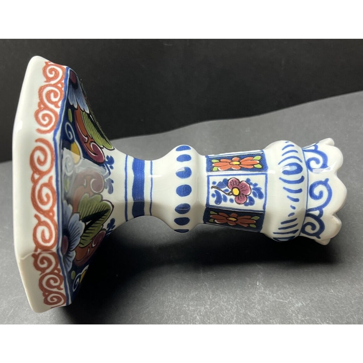 Vtg Oud Delft Holland 834/1 Candle Stick Holder Polychrome Floral Hand Painted
