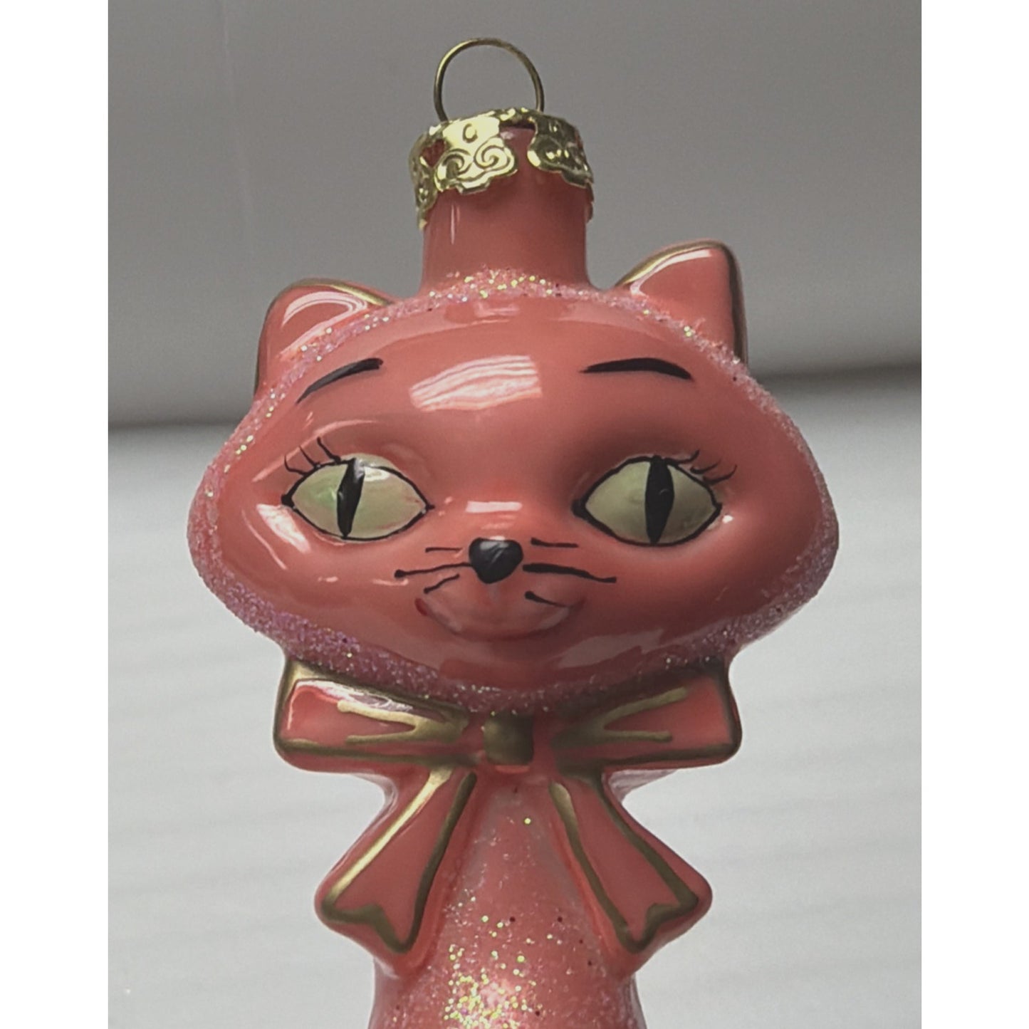 MCM Cody Foster Kitschy Kitten Glass Cat Ornament Coral Glitter