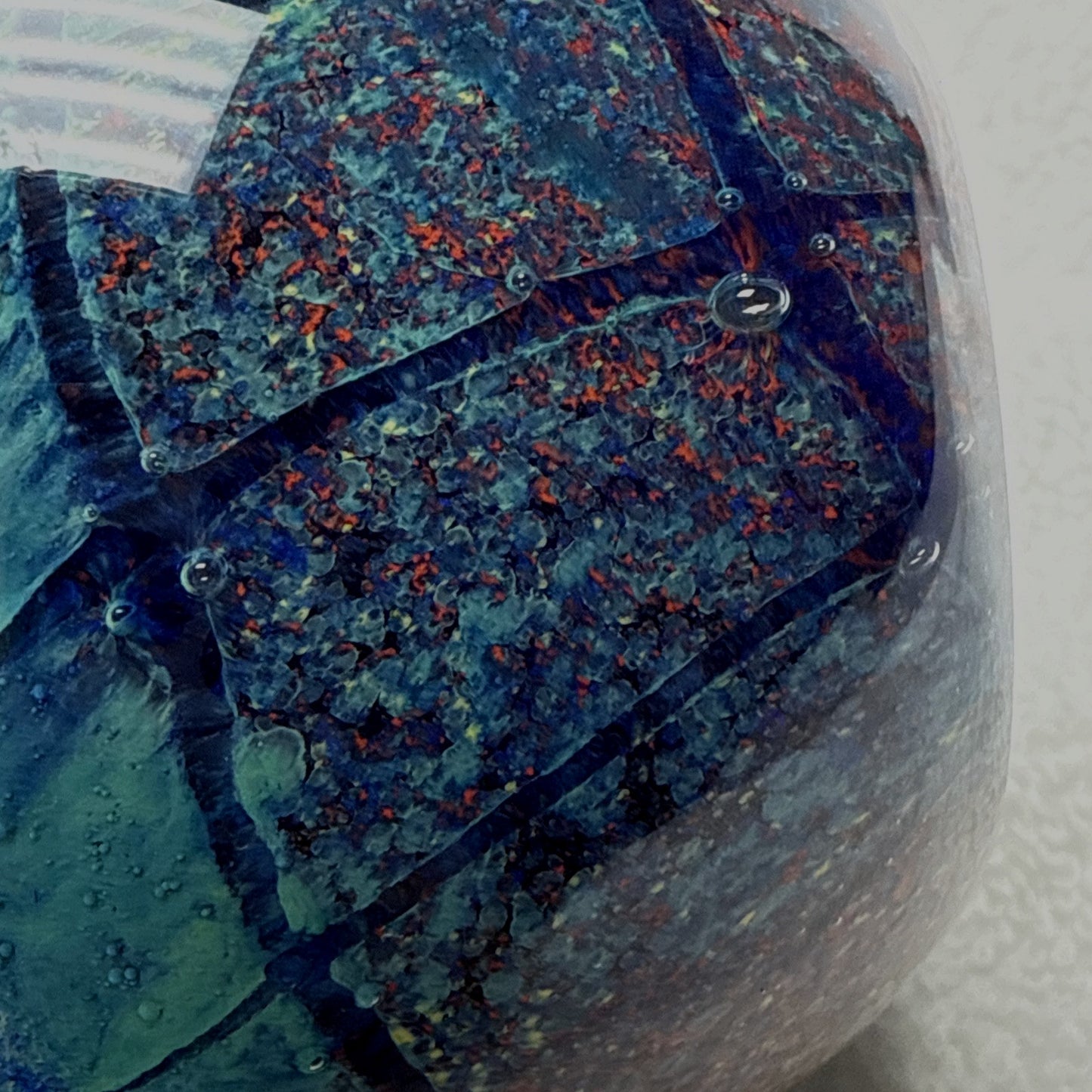 Vtg Art Glass Globe Paperweight Blue Green Confetti Hemisphere Mottled Bubbles