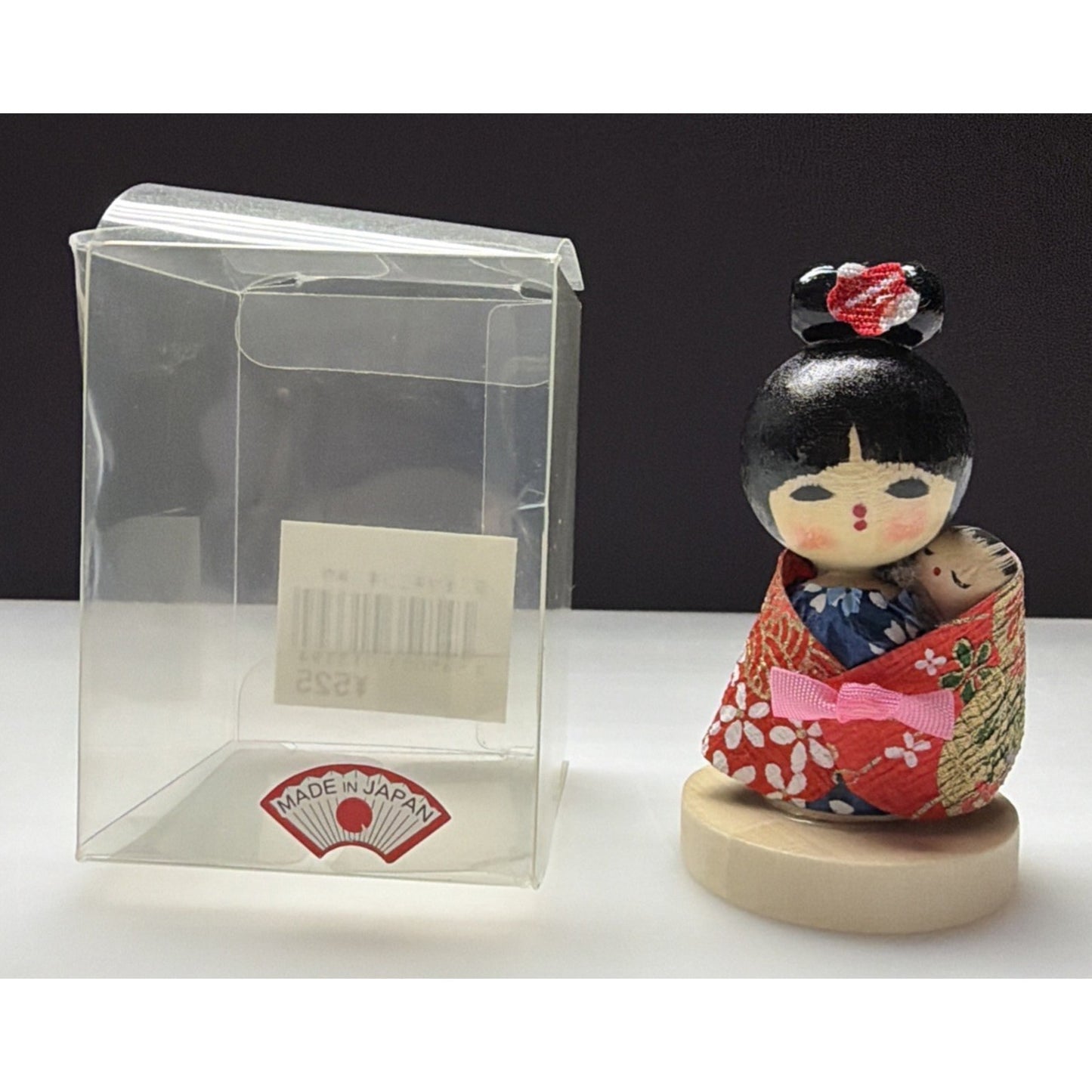 Vintage Japanese Kokeshi Doll Mom Baby Child Hand Painted Wood Base Plastic Box