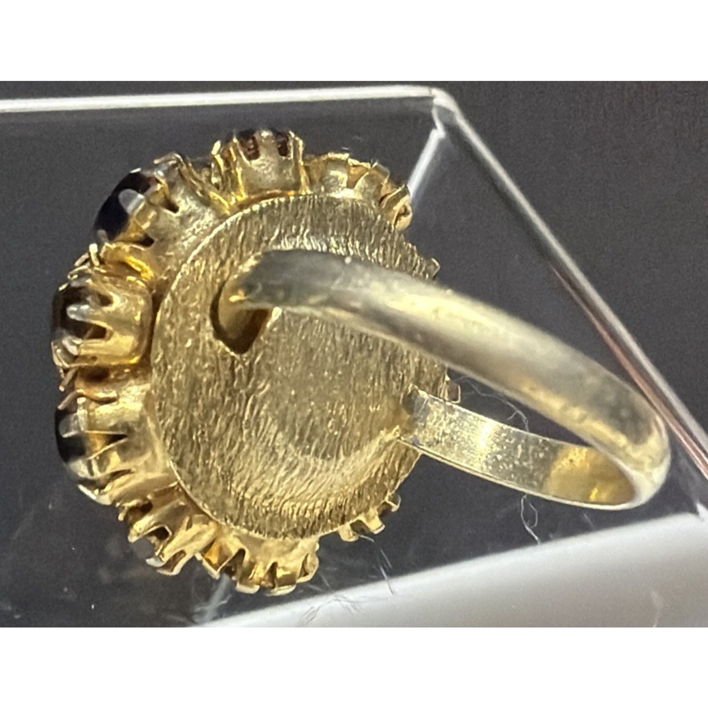 Vtg Gold Tone Adjustable Ring Amber Brown Rhinestone Cluster Prong Dome As Is
