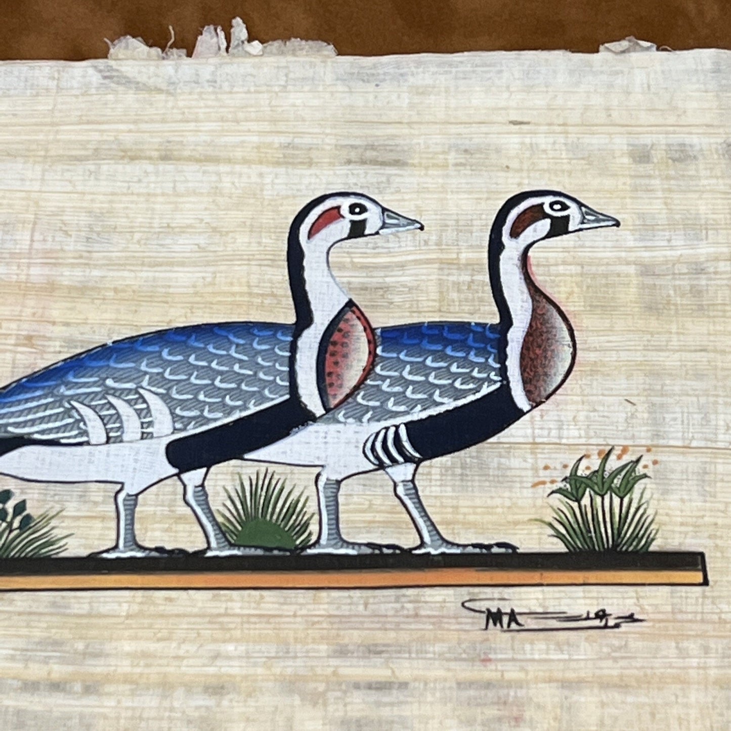 Vtg Delta Papyrus Factory Egypt Painting Geese Signed Birds Framed Certificate