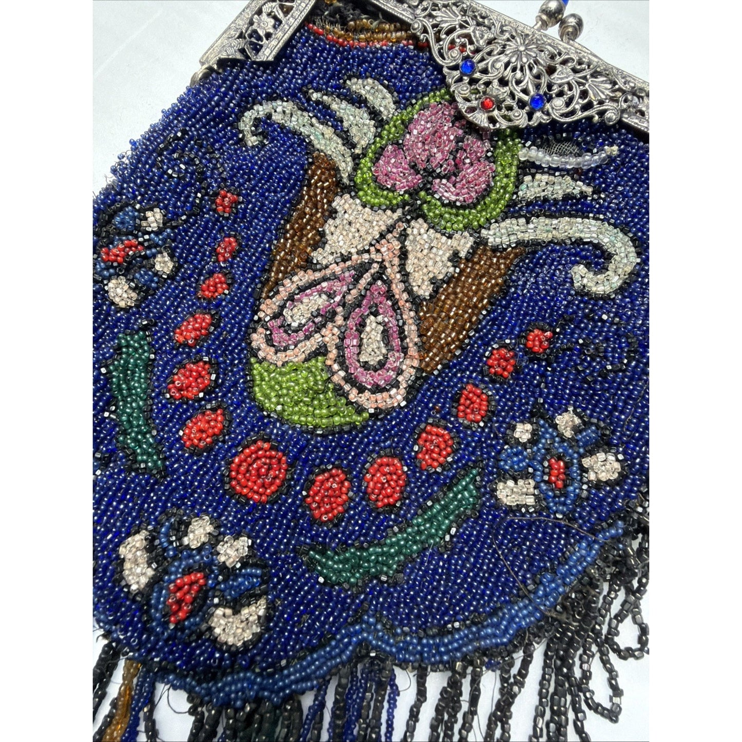 Art Deco Micro Beaded Flapper Bag Purse Ornate Metal Frame Bezel Jewel Kiss Lock