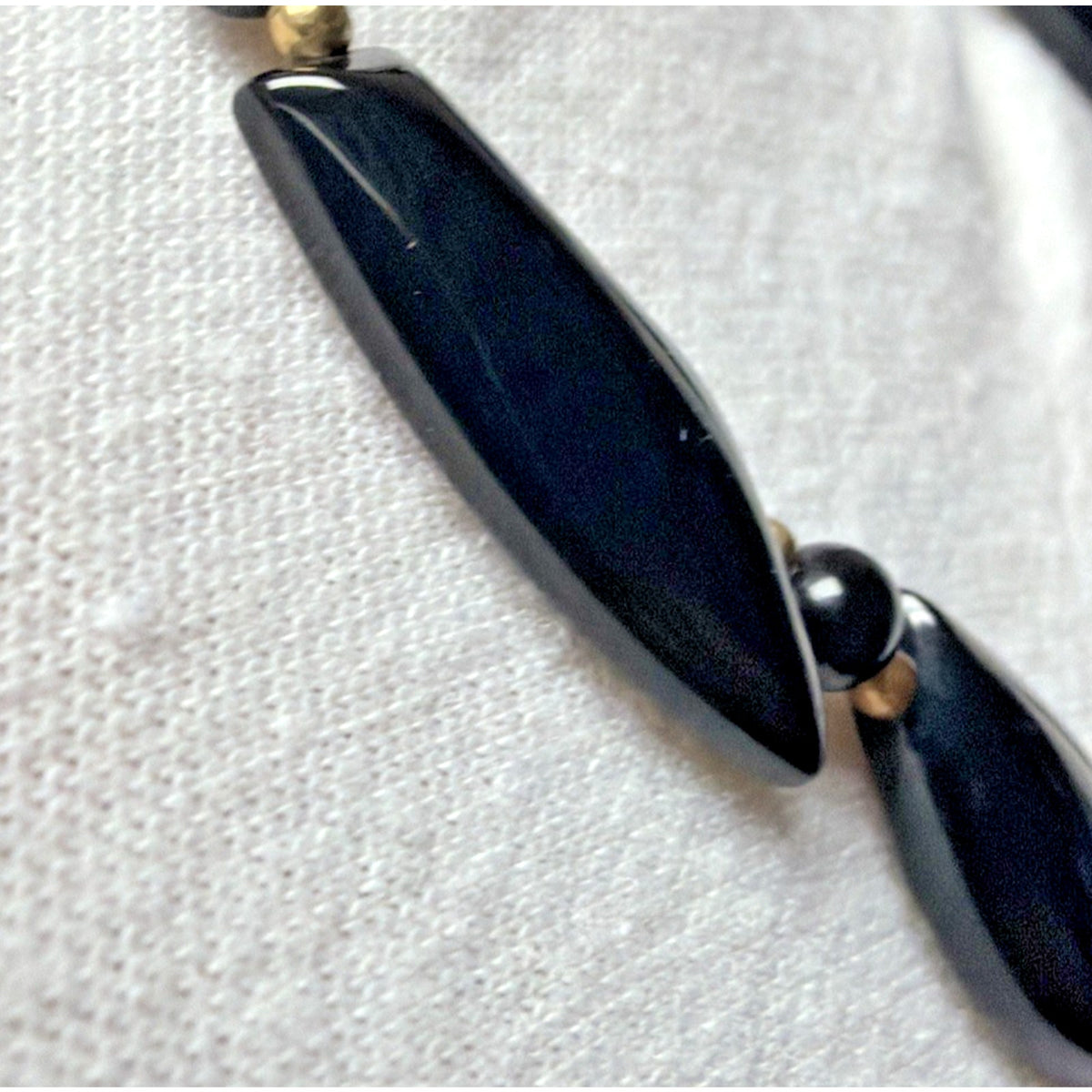 Jet Black Flame Carved Leaf Shape Onyx Bead Gold Spacer Necklace Read Descript