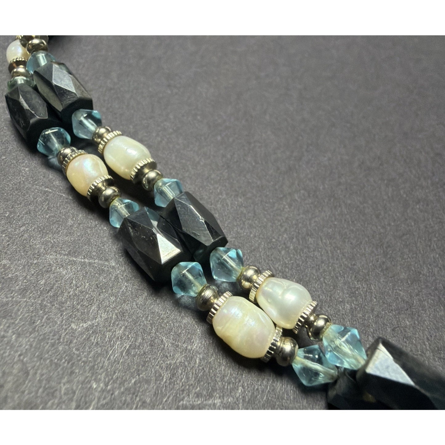 Vintage Layered Beaded Hematite Magnetic Necklace Bracelet Pearl Blue Crystal