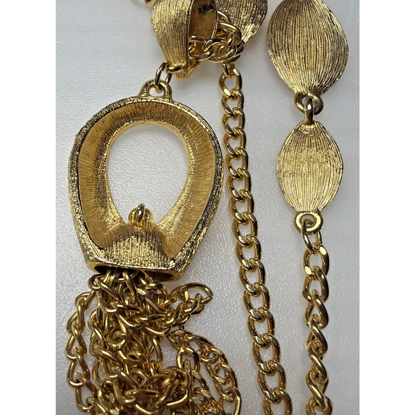Vintage Gold Tone Brushed Leaf Waterfall Pendant Tassel Necklace
