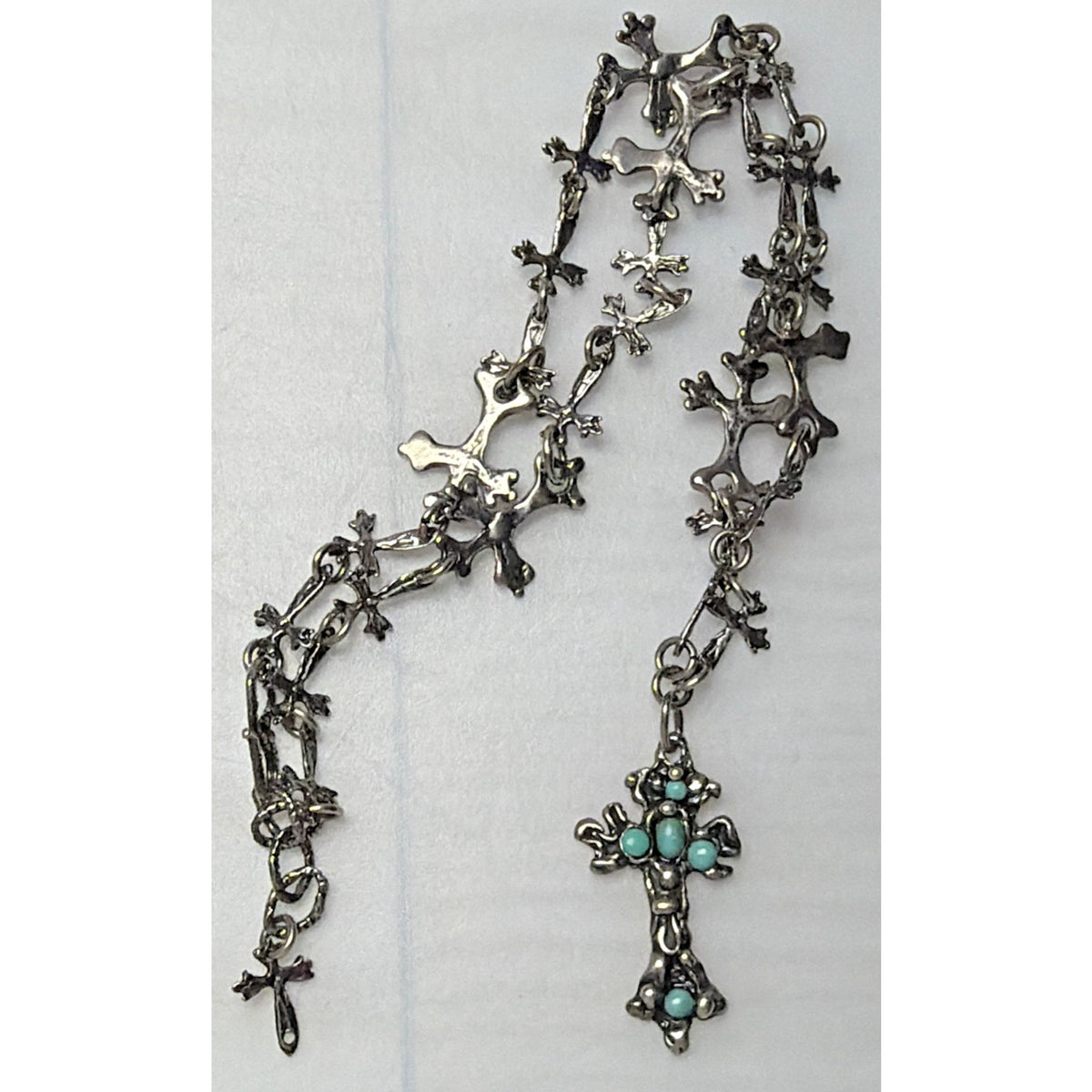 Brutalist Organic Cross Necklace Squash Blossom Turquoise Cabochon Bezel Read De