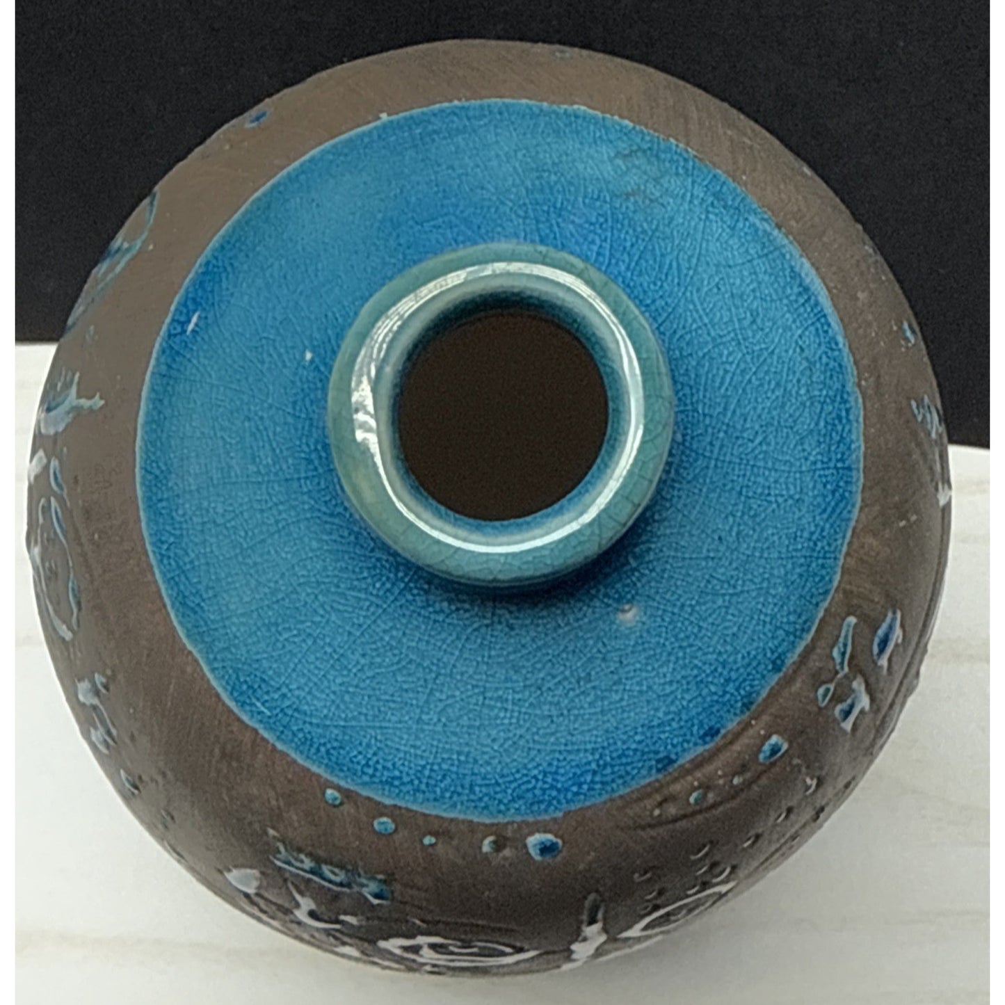Contemporary Ashluxe Handmade Ceramic Table Vase Script Blue Brown Crackle As Is