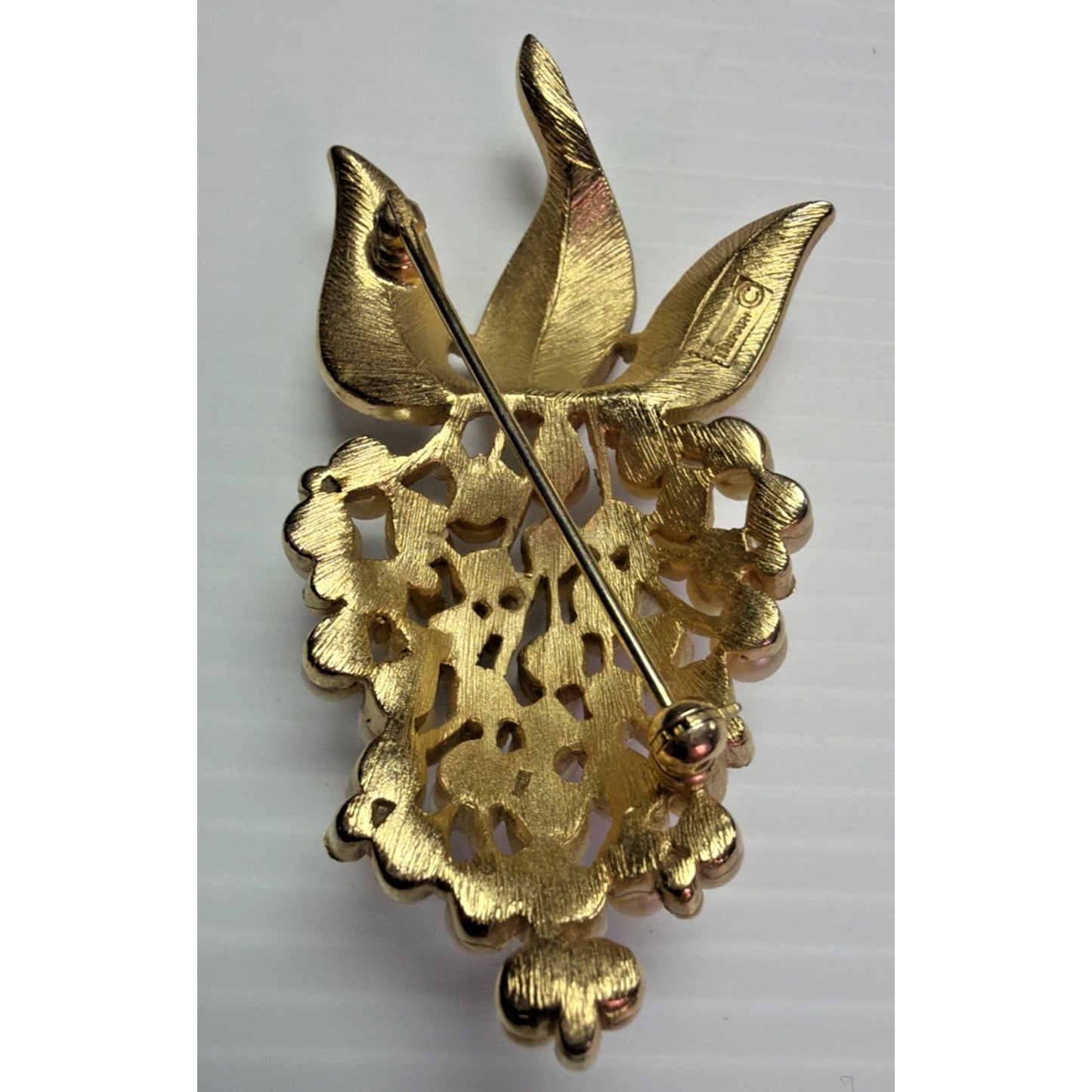 Vintage Crown Trifari Faux Pearl Rhinestone Grape Cluster Brooch Pin Gold Tone