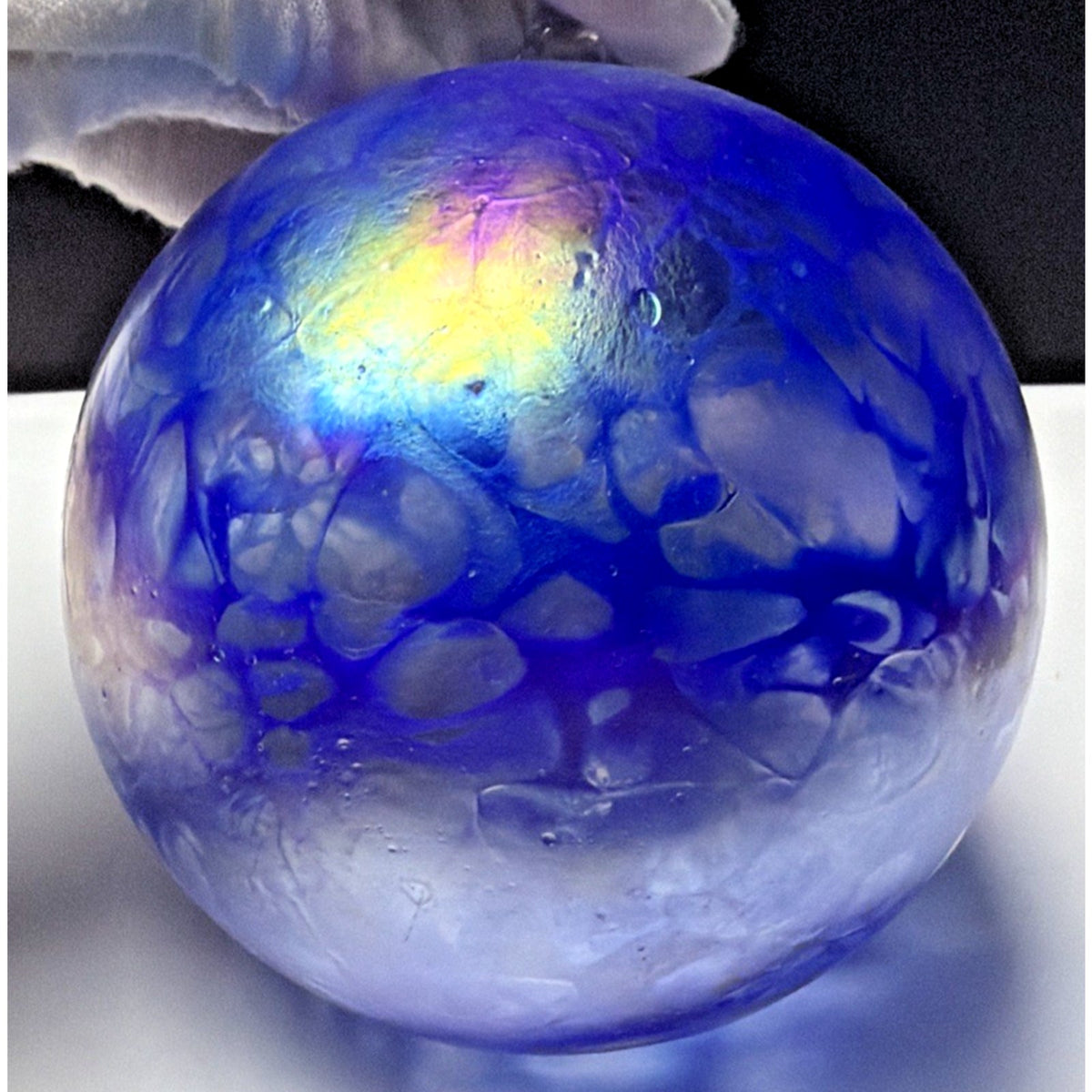 Hand Blown Studio Art Glass Cobalt Blue Iridescent Webbed Ornament Orb Witch Ball