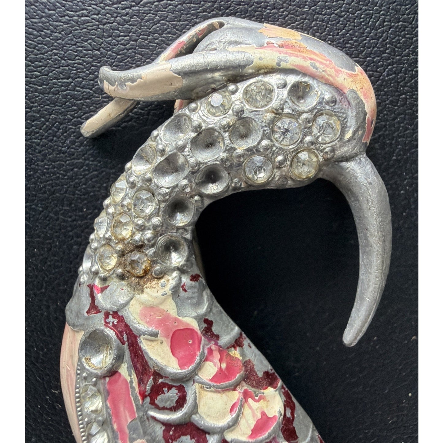 Vintage Large Enamel Rhinestone Bird of Paradise Peacock Egret Brooch Damage