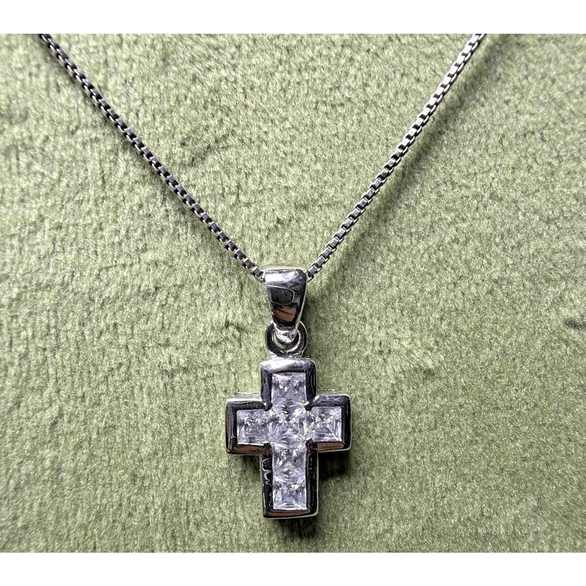 Sterling Silver Religious Cross Pendant Necklace Princess Cut Crystals Box Chain