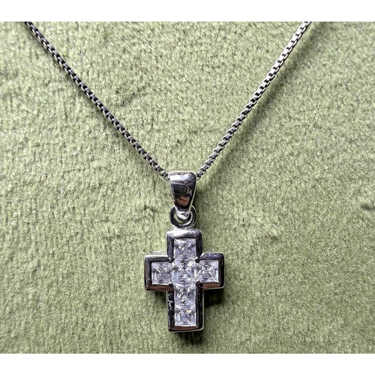 Sterling Silver Religious Cross Pendant Necklace Princess Cut Crystals Box Chain