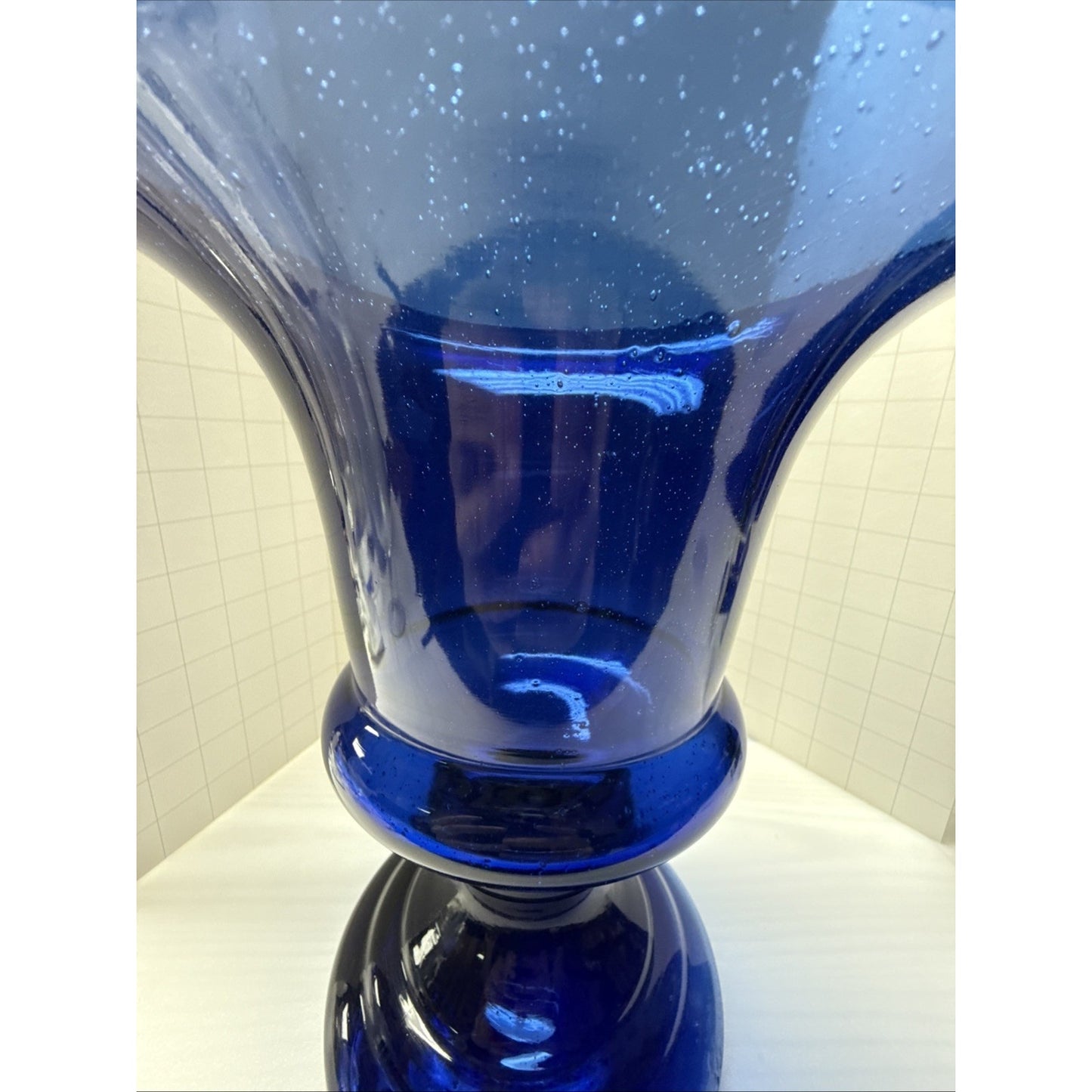 MCM Czech Bohemian Cobalt Blue Blown Glass Vase Urn Trophy Style Footed As Is