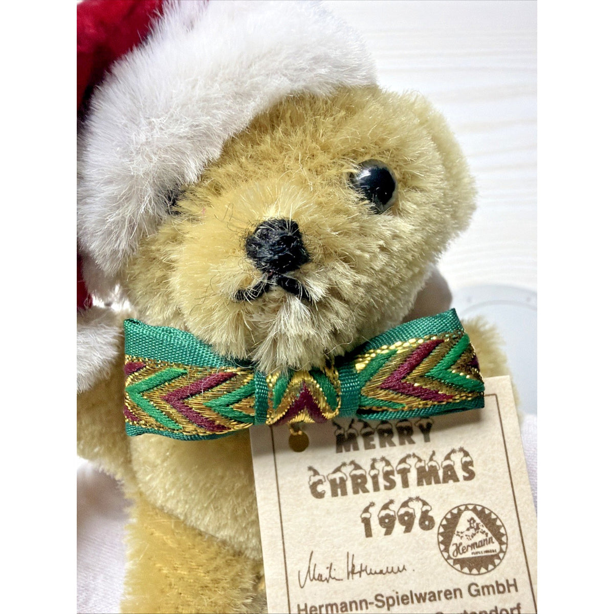 Vintage Hermann Spielwaren 1996 Christmas Bear Pin Brooch Mohair Tags