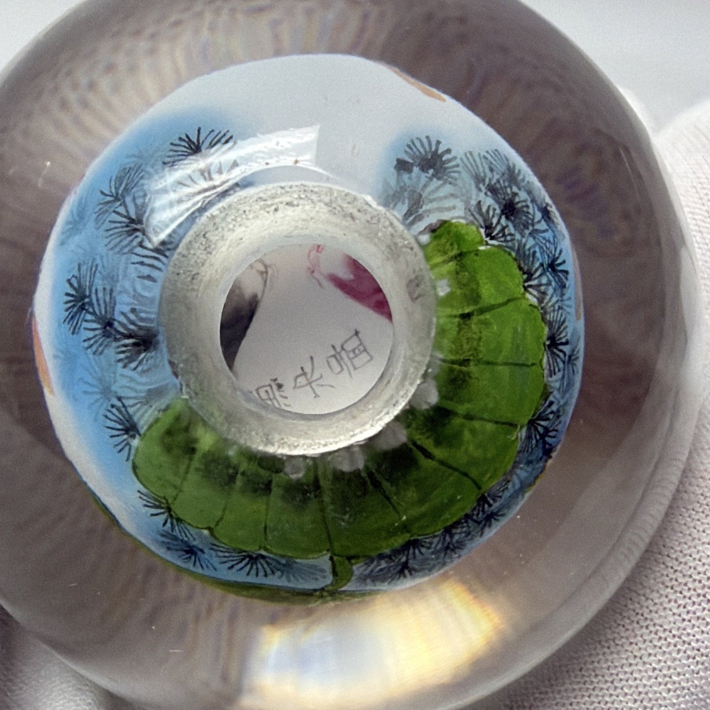 Vtg Asian Reverse Painted Glass Ball Paperweight Fish Lotus Tree Plenty of Fish