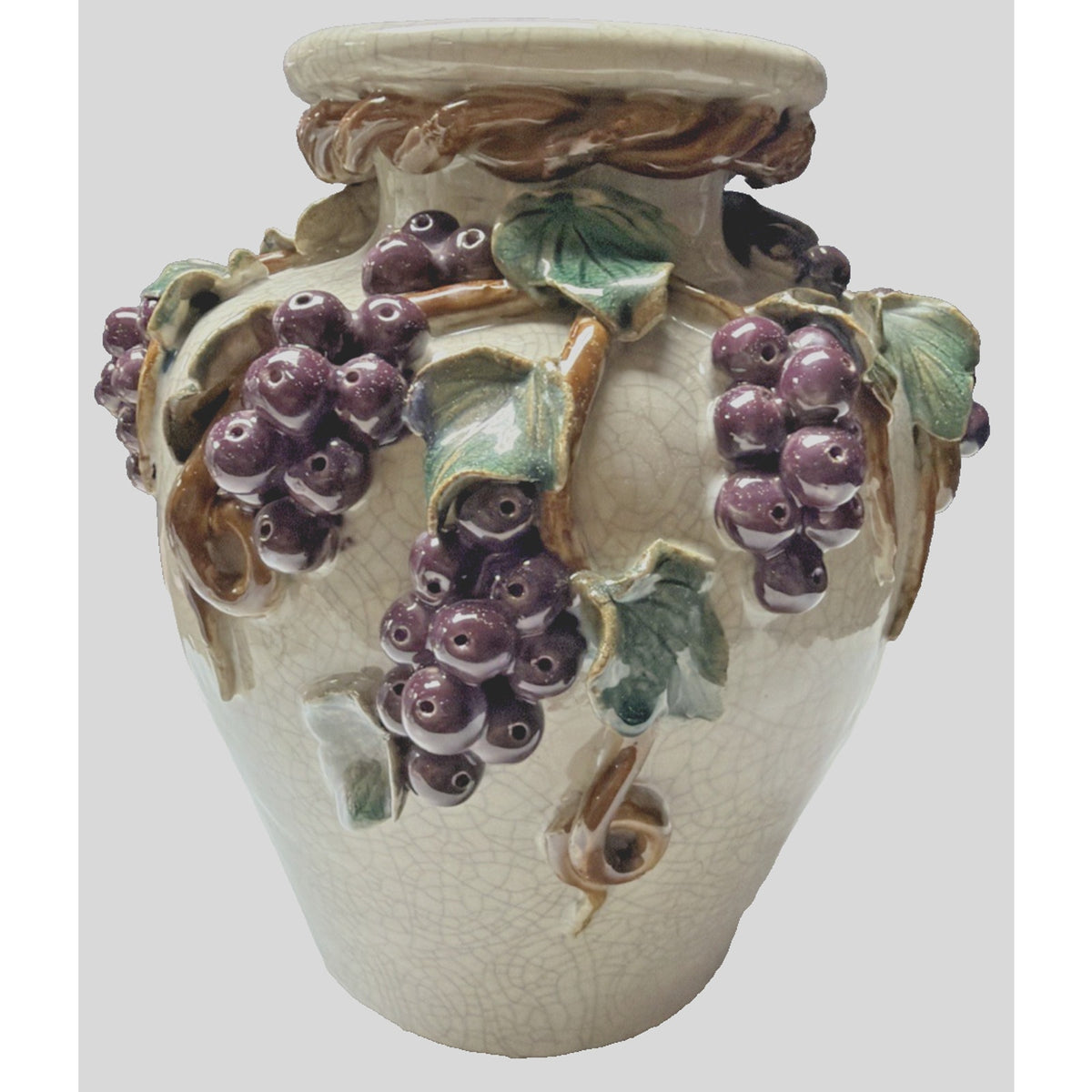 Old Majolica Pottery Chinese Crackle Glaze Rope Grapes Berries Leaves Vine As Is