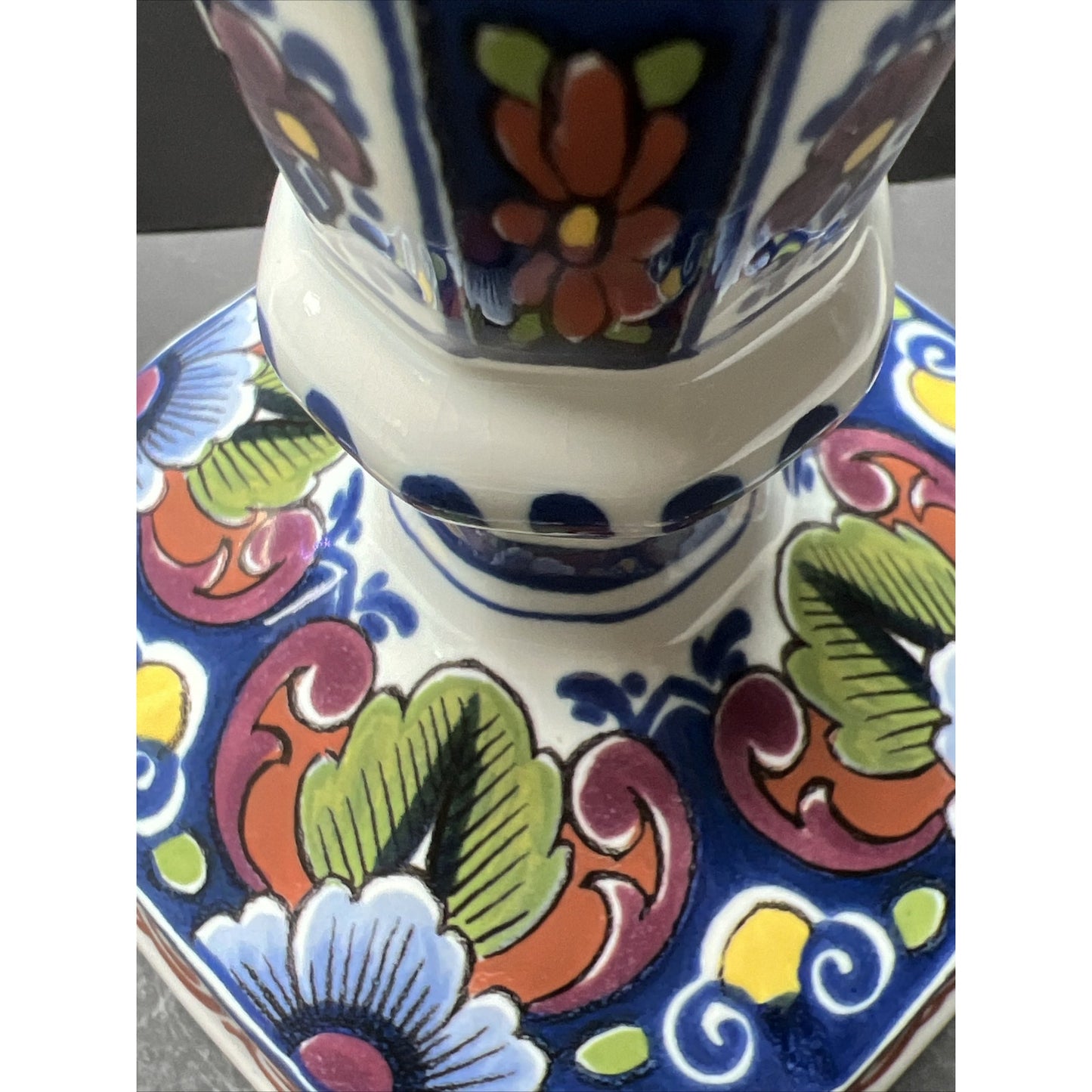Vtg Oud Delft Holland 834/1 Candle Stick Holder Polychrome Floral Hand Painted