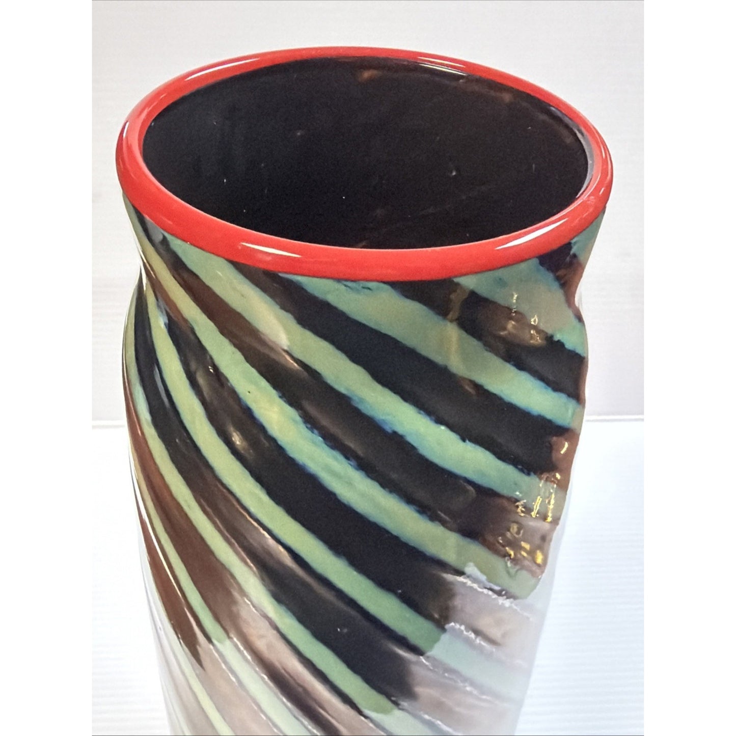 Jon Bush Iridescent Art Glass Vase Black Green Spiral Abstract Red Lip Signed